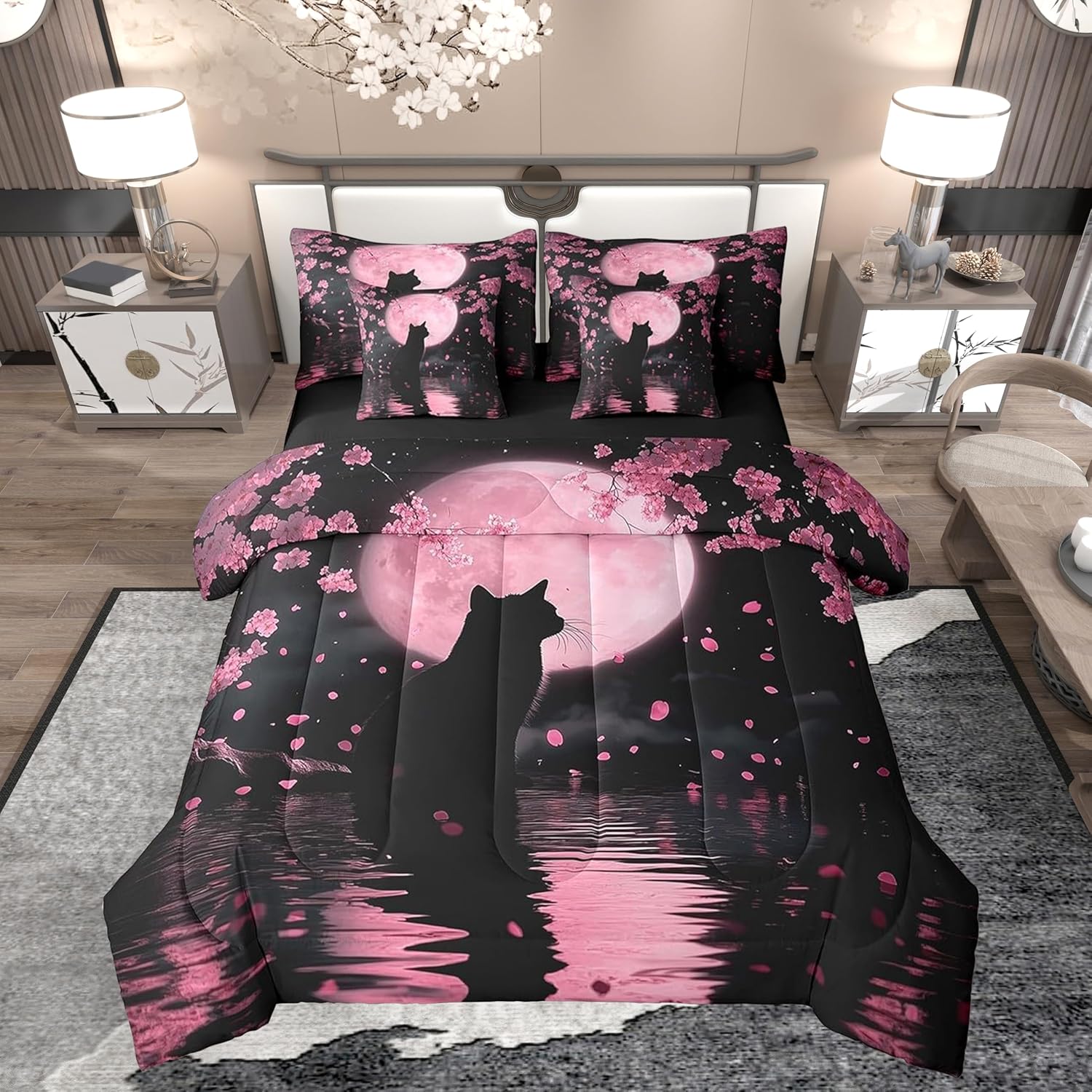 jejeloiu Kids Cherry Flower Comforter Set 7 Pieces Queen Size Cat Pink Floral Bedding Set for Boys Girls Japanese Style Bed in a Bag with Comforter, Sheets, Pillowcases & Cushion Covers