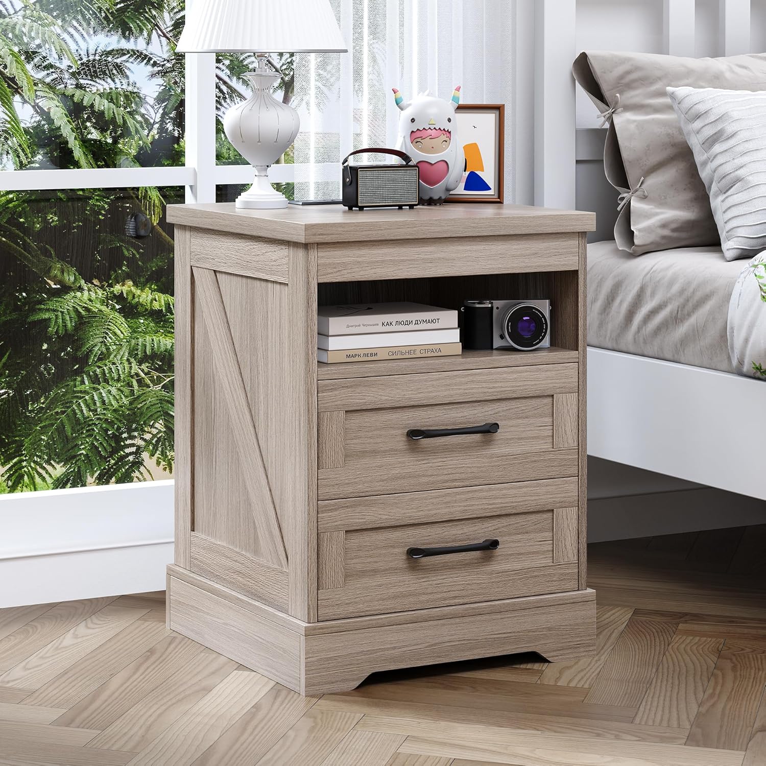 18'' Nightstand with LED Lights | Built-in Power Outlets & USB Ports, Farmhouse Bedside Table with 2 Drawers and Open Storage Shelf, End Table for Bedroom, Living Rooms, Home Offices, Grey,2 Set