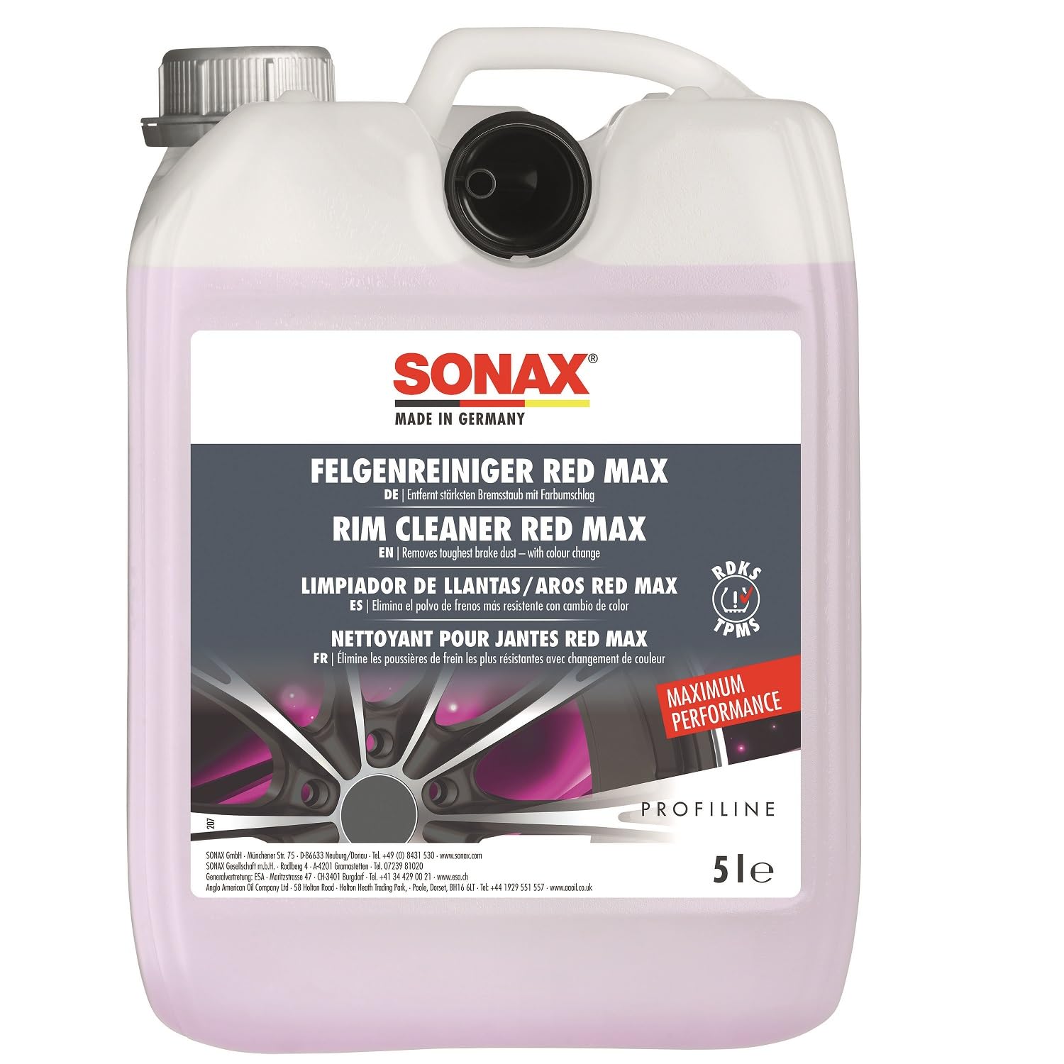 SONAX PROFILINE FelgenReiniger Red Max (5 Liter) entfernt stärksten Bremsstaub mit Farbumschlag | Art-Nr. 02315050