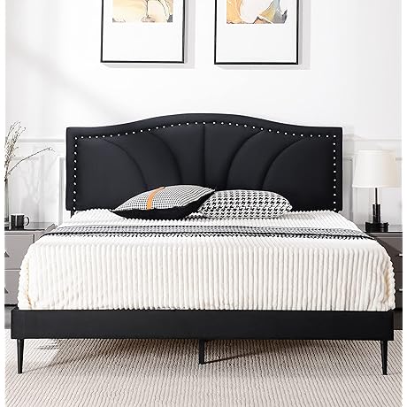 Luxurious Velvet Upholstered Queen Size Bed Frame with Decorative Nailhead Trim Headboard