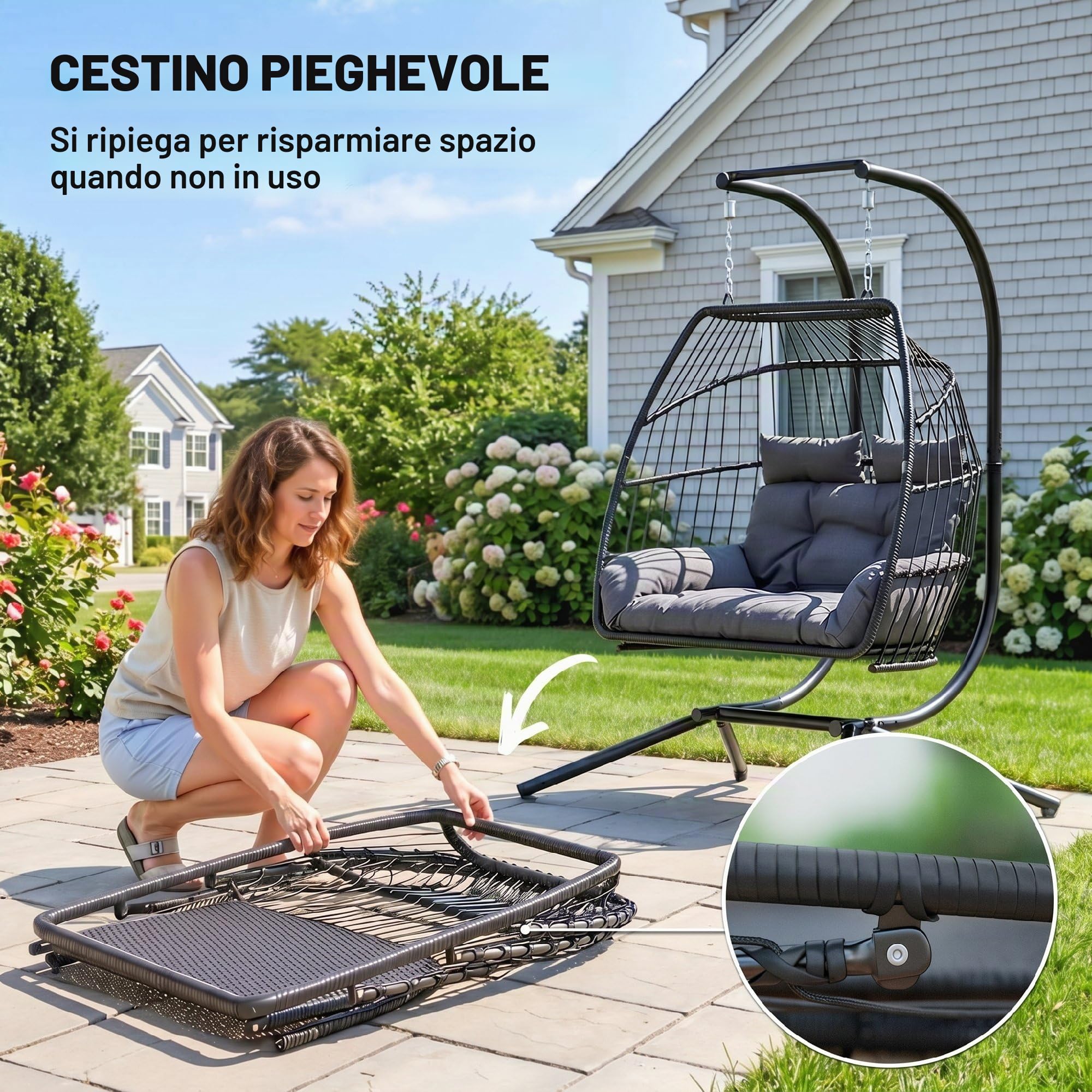 Outsunny Sedia pensile con telaio Cesto pensile pieghevole con cuscino Polyrattan Altalena ergonomica per 2 persone Sedia pensile da esterno Caricabile fino a 260 kg Poltrona per balcone Terrazza