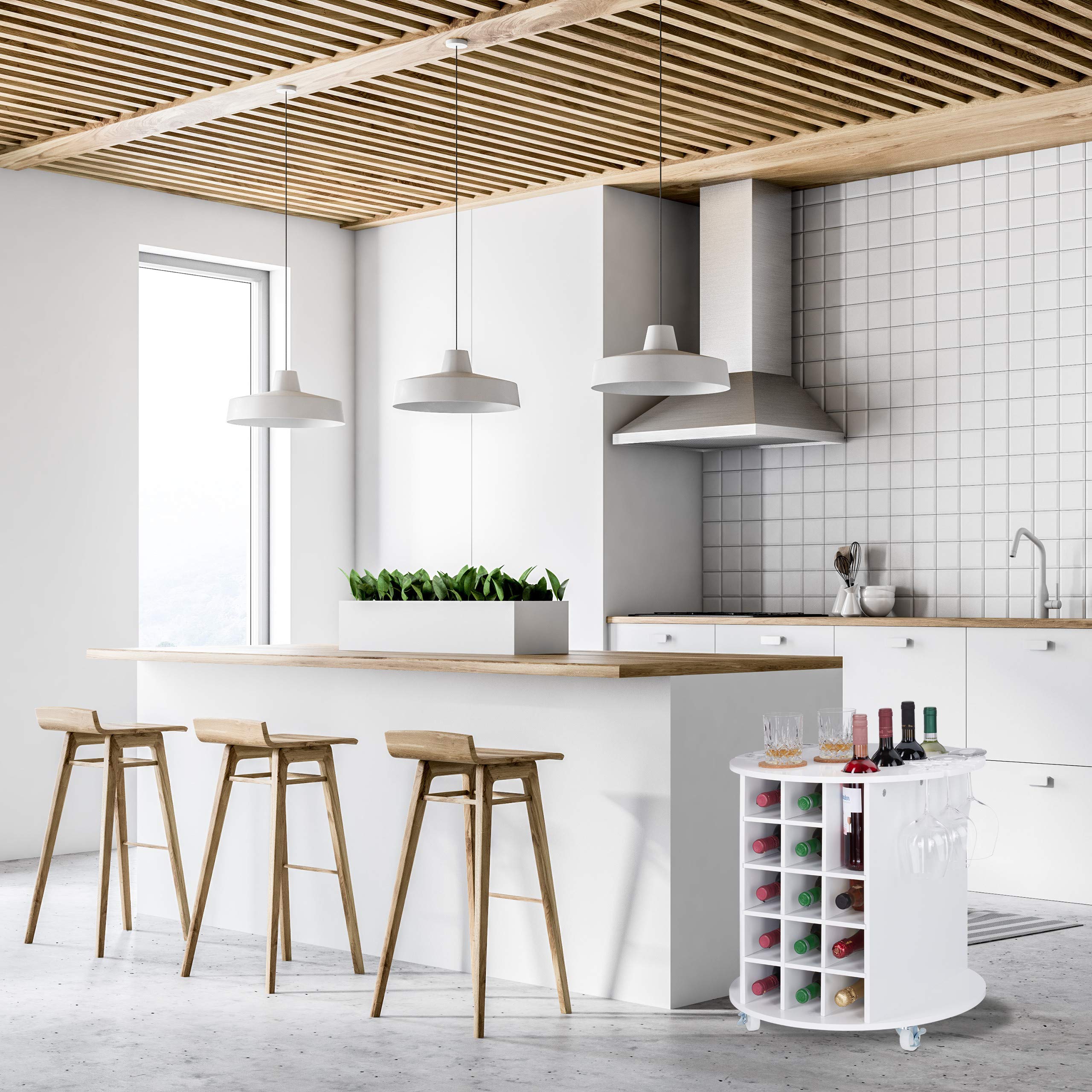 Relaxdays, Biały regał na wino na kółkach obracających się o 360°, 6 uchwytów na kieliszki, do przechowywania wina na 17 butelek, okrągły, wys. x śr.: 56 x 54 cm