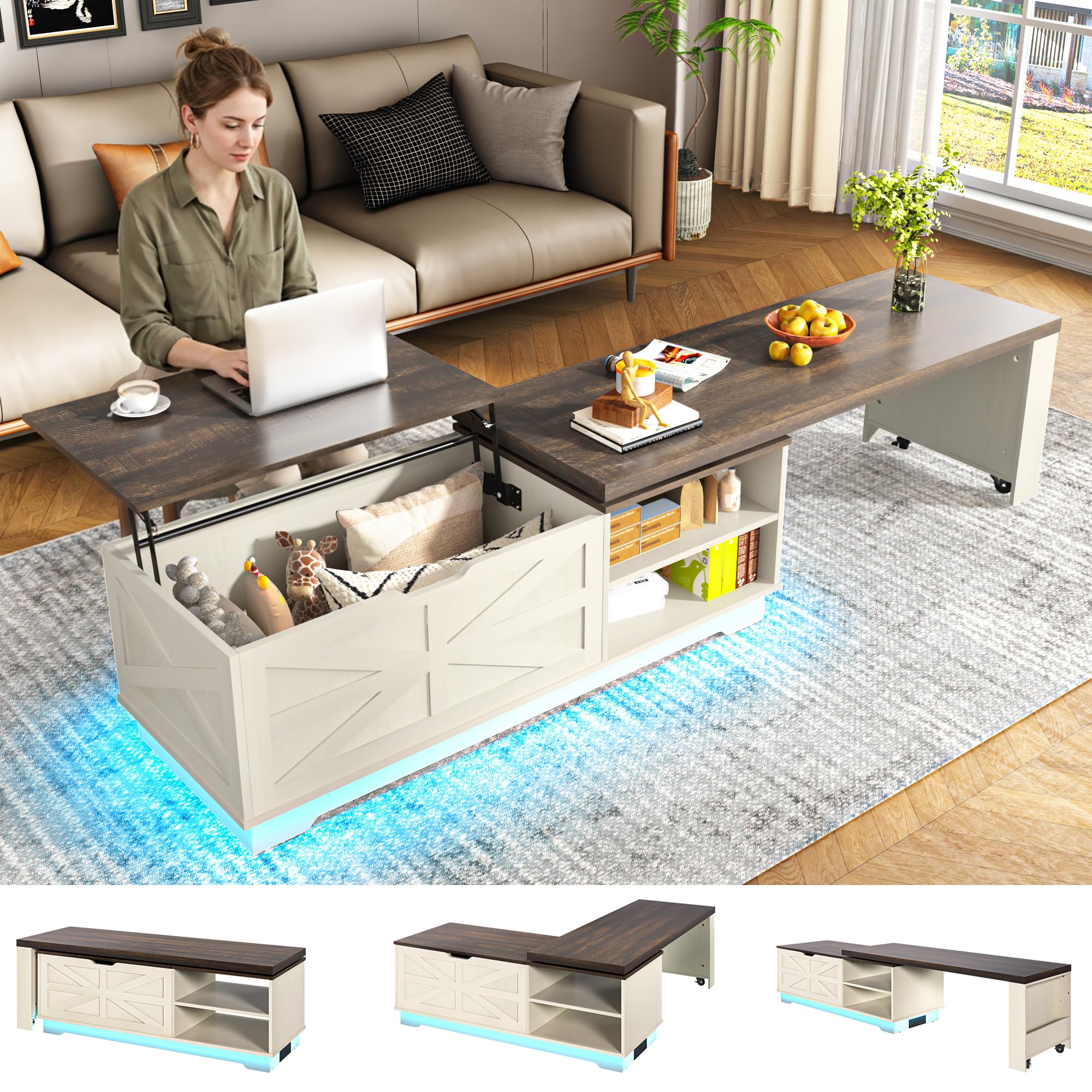 57-89 Large Lift Top Coffee Table W Power Outlet 90 180 Rotation Coffee Tables W 6000-Colors LED Lighting