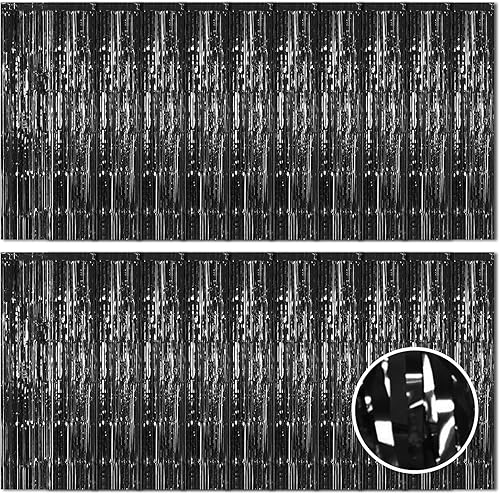 Paquete de 20 cortinas de papel de aluminio negro de 3.2 x 8.2 pies, cortinas de telón de fondo de flecos de papel de aluminio metálico para