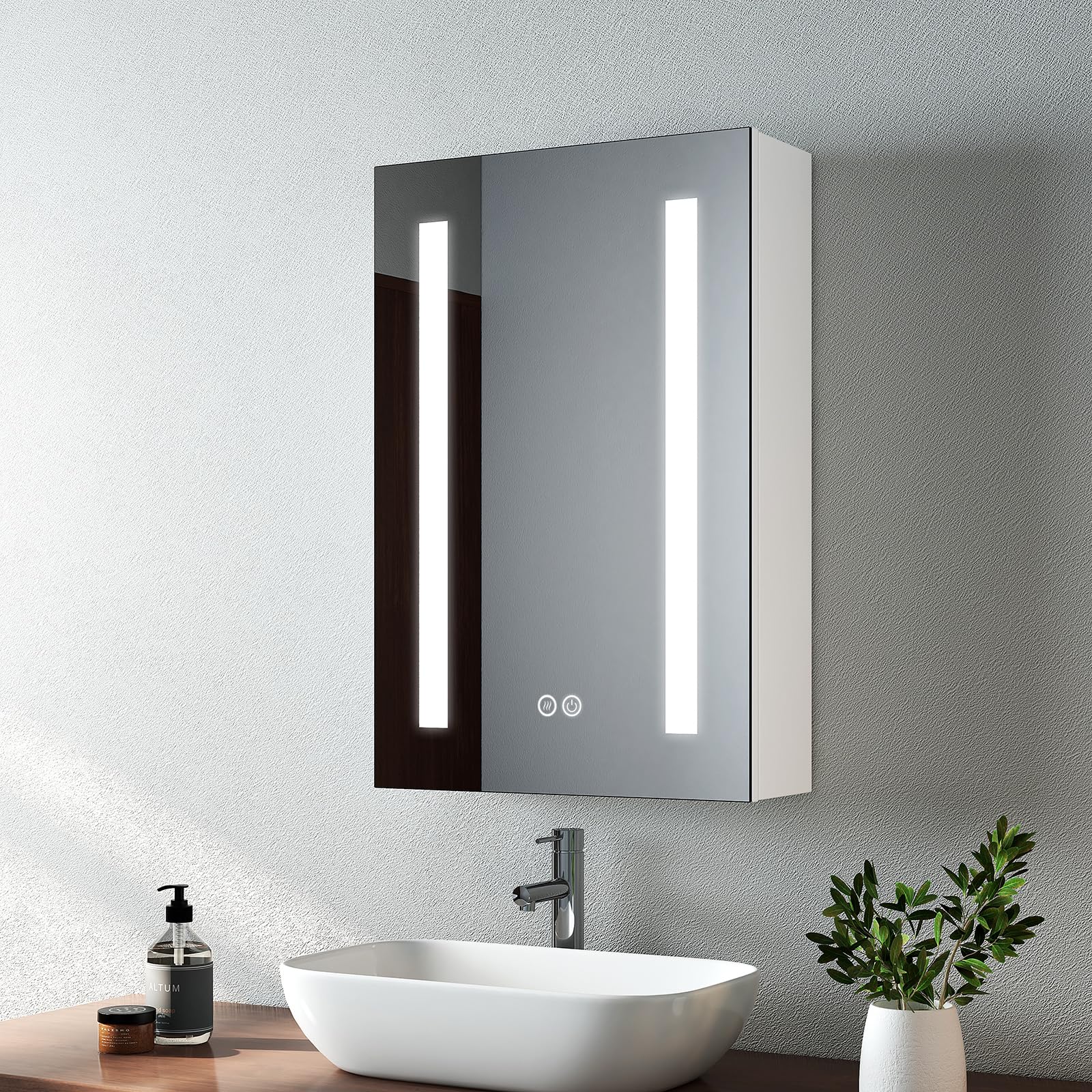 EMKE Led Bathroom Mirror Cabinet, Bathroom Wall Mirror Cabinet with Led Lights with Shaver Socket, Illuminated Mirror Cabinet with Anti Fog, Dimmable & 3 Colors, Memory Function 40L x 60H x 14.5D cm