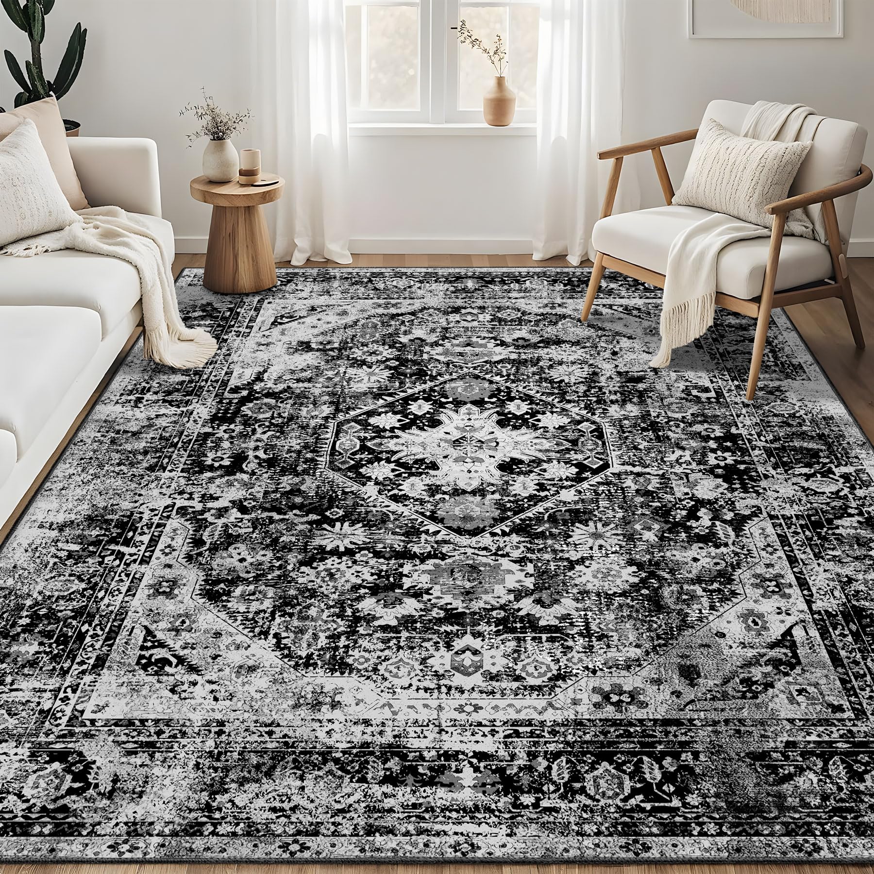 MUJOO 6x9 Area Rugs Black,Washable Boho Rugs for Living Room Bedroom Dining Room,Large Non Slip Throw Carpet Soft Black and White Floral
