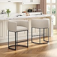 VATROS 26" Counter Height Bar Stools Set of 2, Modern Barrel with Backrest & Arms, Linen Beige Upholstered, 450lbs Kitchen Island Stools