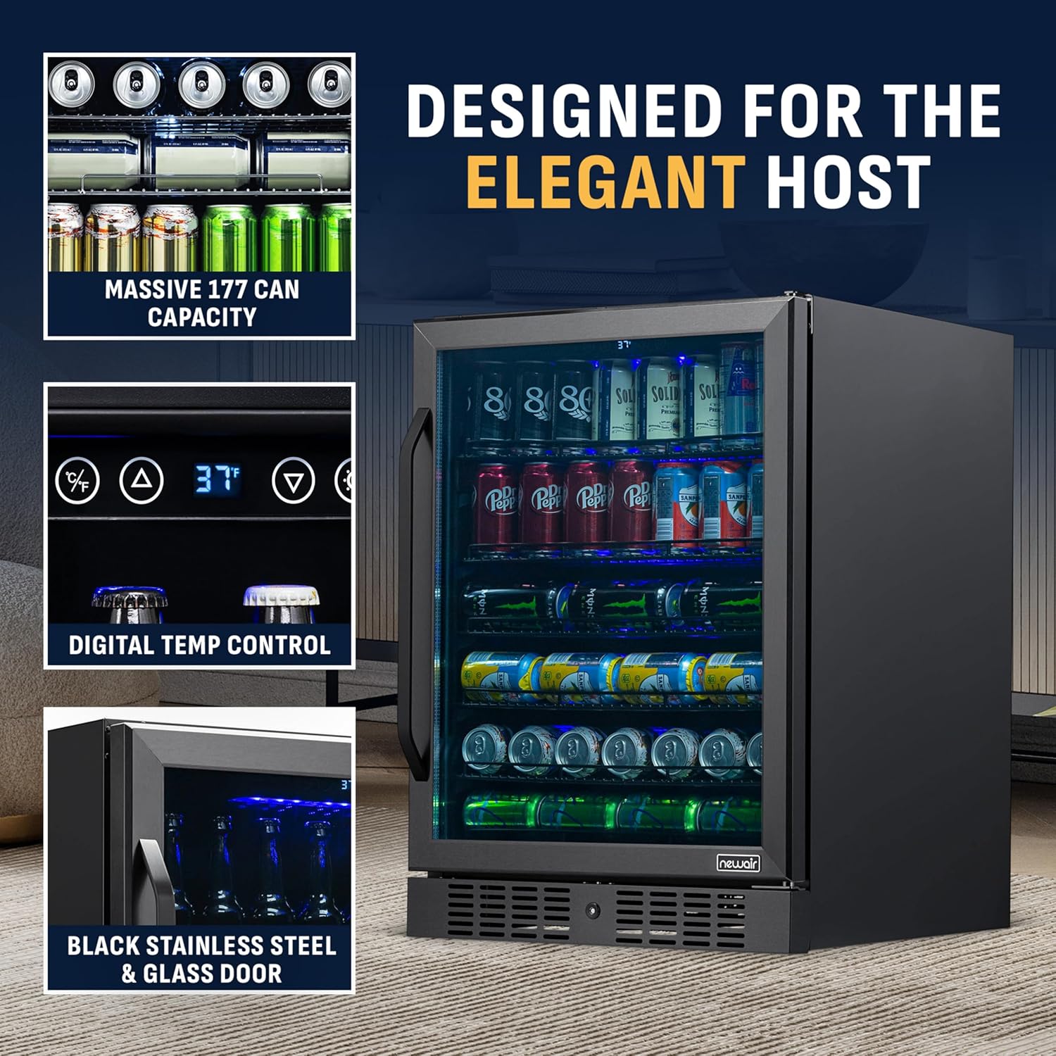 NewAir Beverage Refrigerator with Glass Door | 177 Can Mini Fridge for Bedroom, Dorm, Office, or Gaming Setup | Soda, Beer, and Wine Cooler | Black Stainless Steel