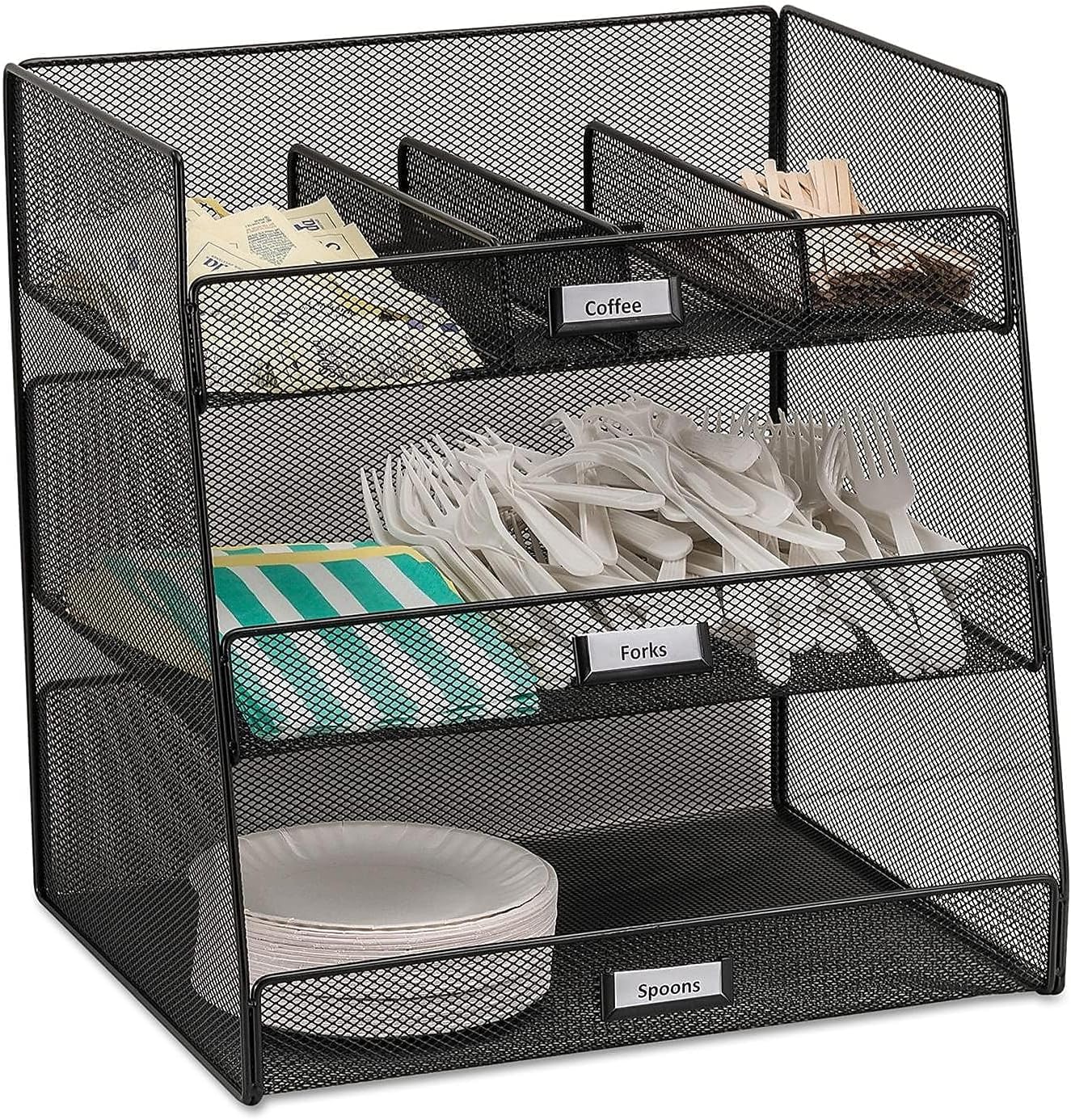 Pemberly Row Break Room Organizer, Black Finish, Steel Frame and Recycled Leather/Microfiber, 3 Compartments with Adjustable Dividers, Holds Coffee Pods, 15" H x 14.625" W x 11.75" D