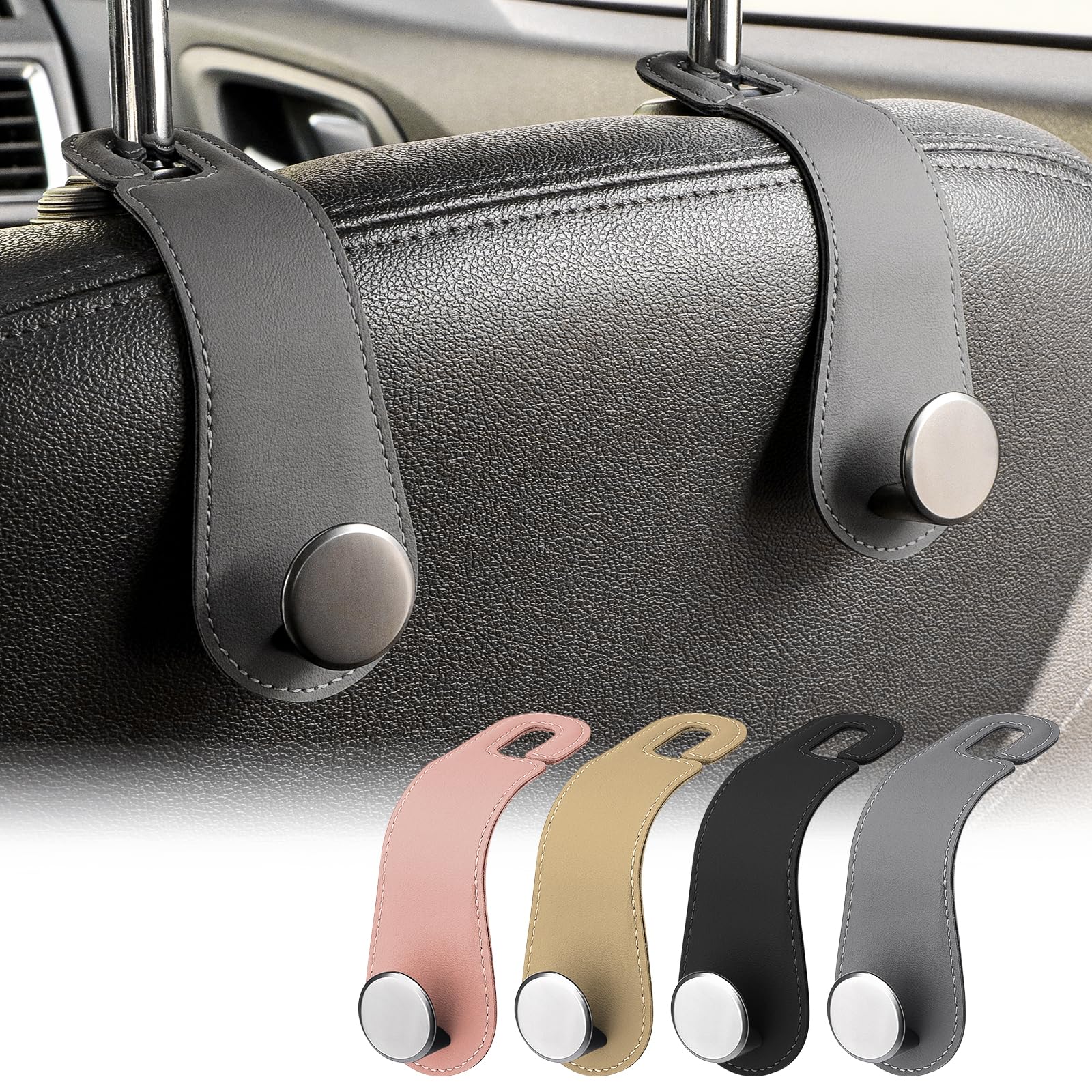 JESTOP Car Headrest Hooks, 2 Pack Leather Car Seat Storage Hanger for Purses Bags, Stylish Car Seat Organizer Hooks for Handbag Coat Umbrellas, Car