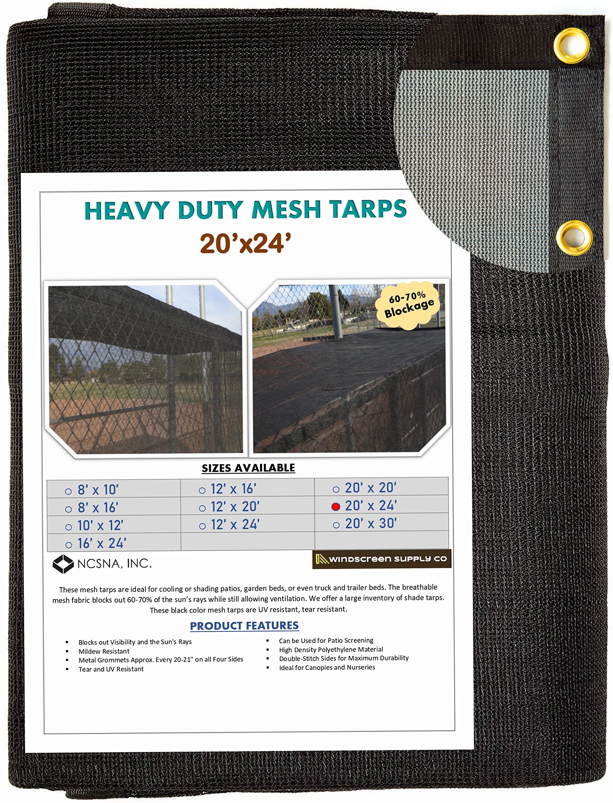 windscreensupplyco 60-70% 20 ft x 24 ft mesh tarp/shade cloth 9-needle knitted heavy duty black with grommets for green house, garden, pergola, pools, dump truck