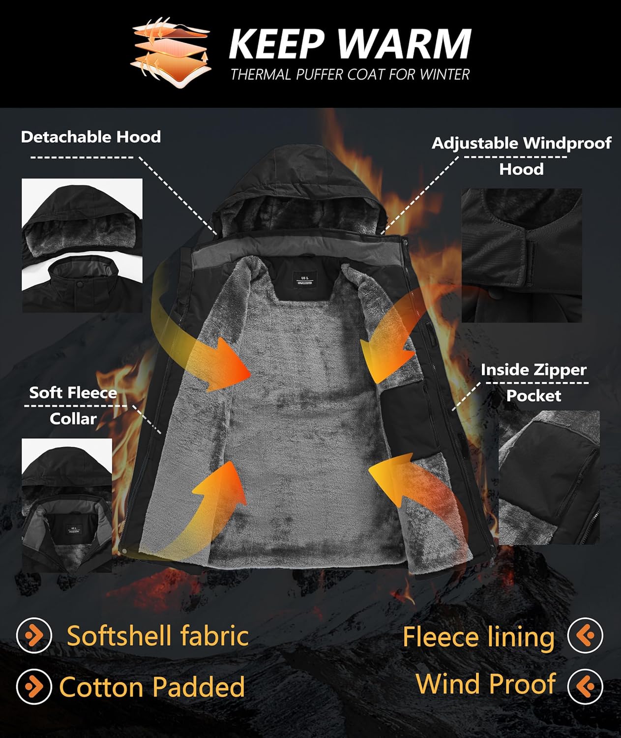 RBYEKP Mens Winter Jackets Waterproof Warm Fleece Ski Jacket with Hood Thermal Windproof Coat Zip Pockets - Image 2