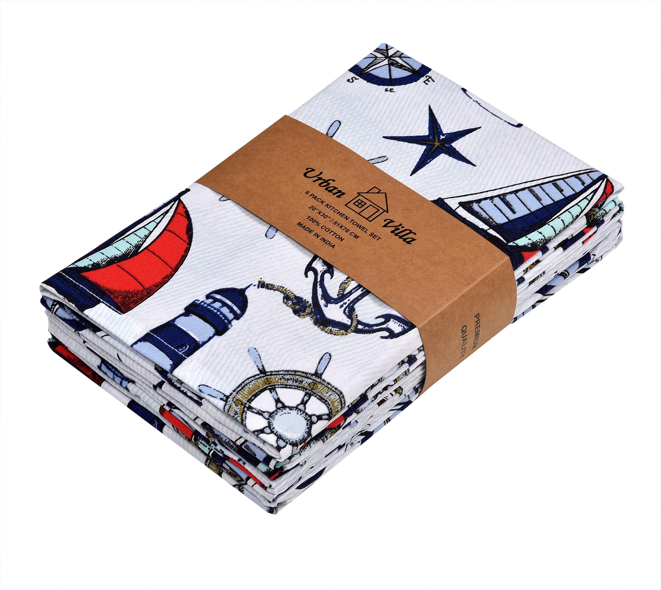 Urban VillaKitchen Towels,Light House Print Multi Color, Premium Quality,100% Cotton Dish Towels,Mitered Corners,(Size: 20X30 Inch), Highly Absorbent Bar Towels & Tea Towels - (Set of 6)