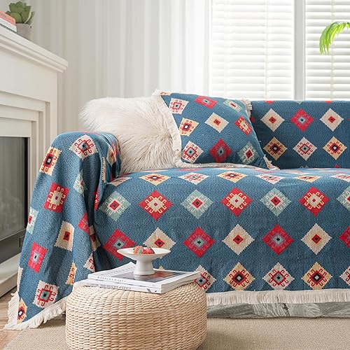 Miniatura 12 de vctops Fundas de sofá jacquard vintage para sofá seccional, patrón geométrico con flecos, protector de sofá para perros, loveseat futón funda en