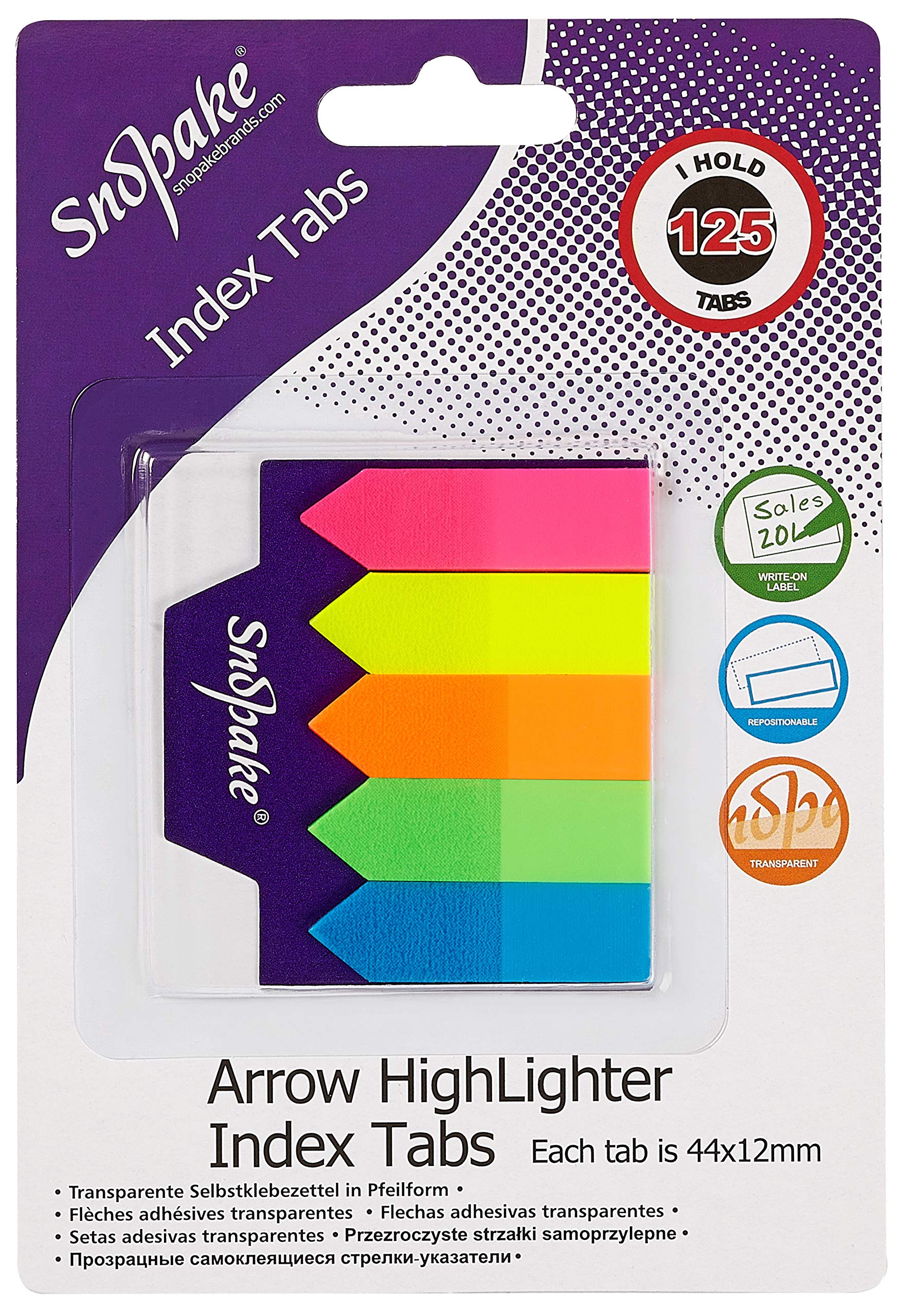 Snopake Transparent Index Tab Arrow Highlighters [ 125 Tabs, 44 x 12mm ] Neon Assorted [13906] 13906s