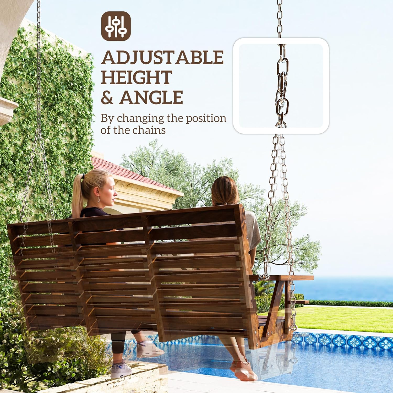 Outsunny Upgraded Wooden Porch Swing 3-Seater, 5 FT Outdoor Patio Swing Bench with Cupholders, Hanging Chains, Swing Chair Bench for Patio Garden Yard, Carbonized