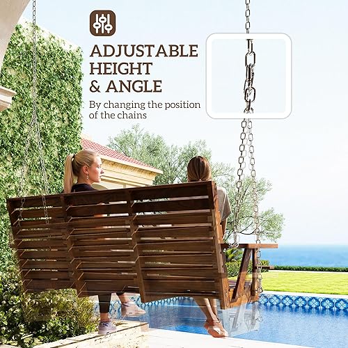 Miniatura 4 de Outsunny Columpio de madera mejorado para porche de 3 plazas, banco de columpio de patio al aire libre de 5 pies con portavasos, cadenas colgantes,