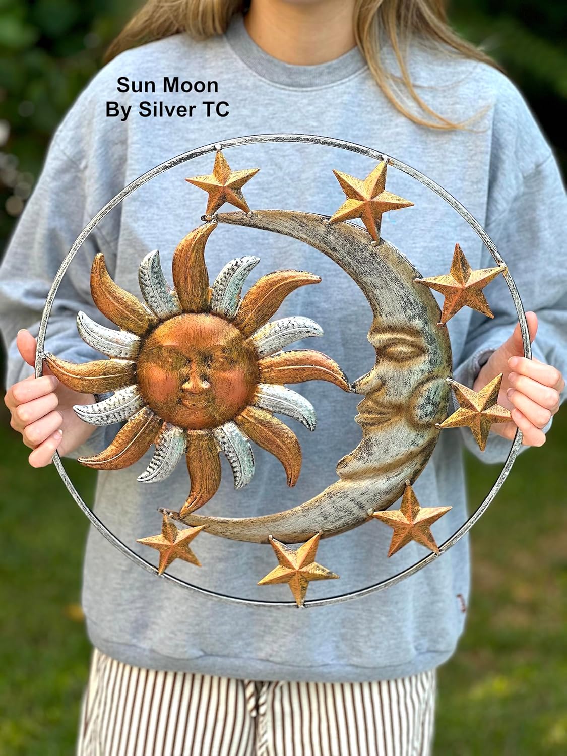 Large Metal Sun Moon Star Wall Art Sculpture Decor for Indoor Outdoor (17" Diameter)