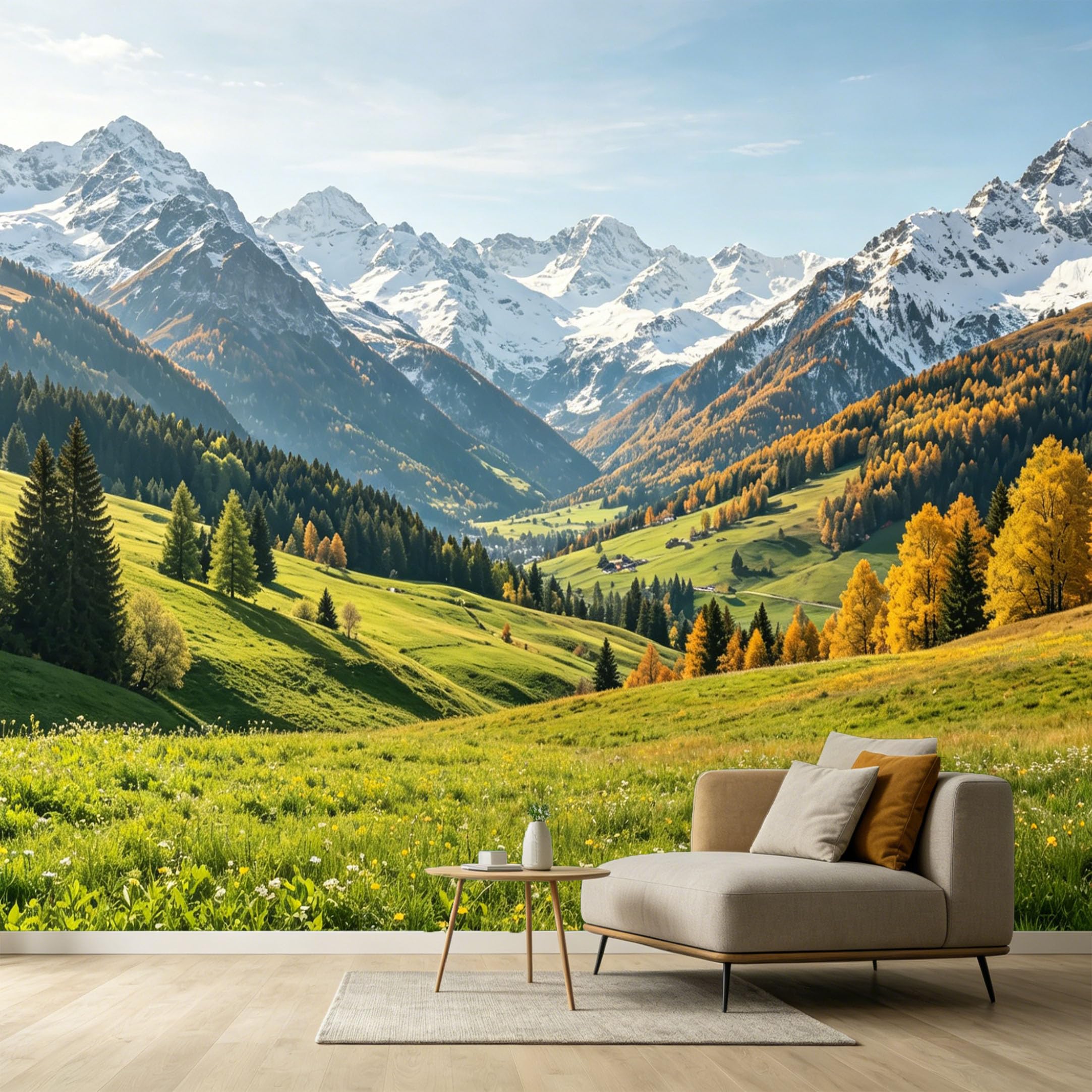 Custom Size Wall Murals Mountain Lake Landscape Autumn Valley Pine Trees Alps Peaks SelfAdhesive Wall Fabric Removable Large Wallpaper for Photo Living Room