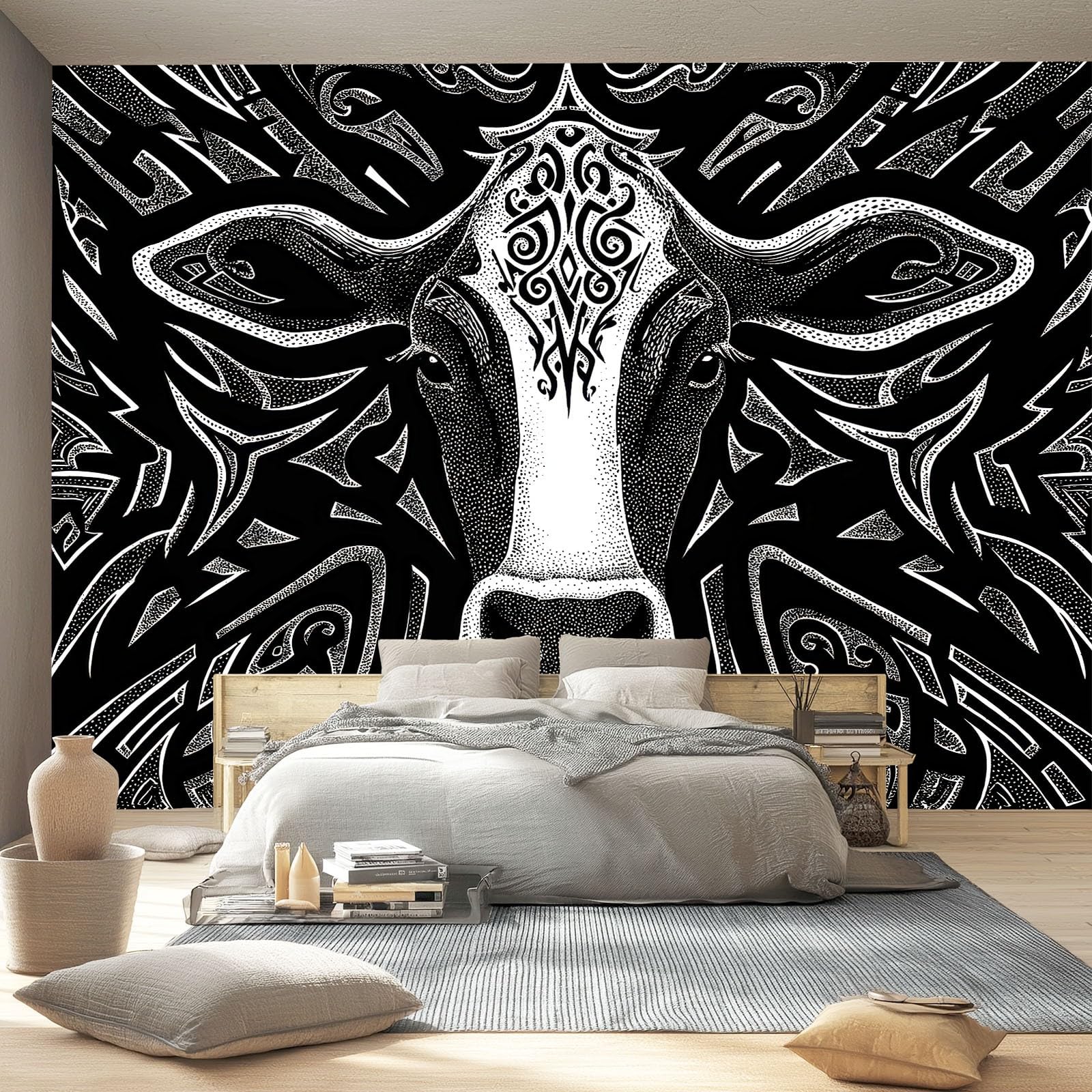 Abstraktes Stammesmuster Fototapete Schwarz 350 x 256 cm Vlies Wandtapete - Moderne Wanddekoration mit Linien & Kuh-Motiv für Schlafzimmer & Wohnzimmer - UV-beständiges Bild Wandbild für Tiefenwirkung