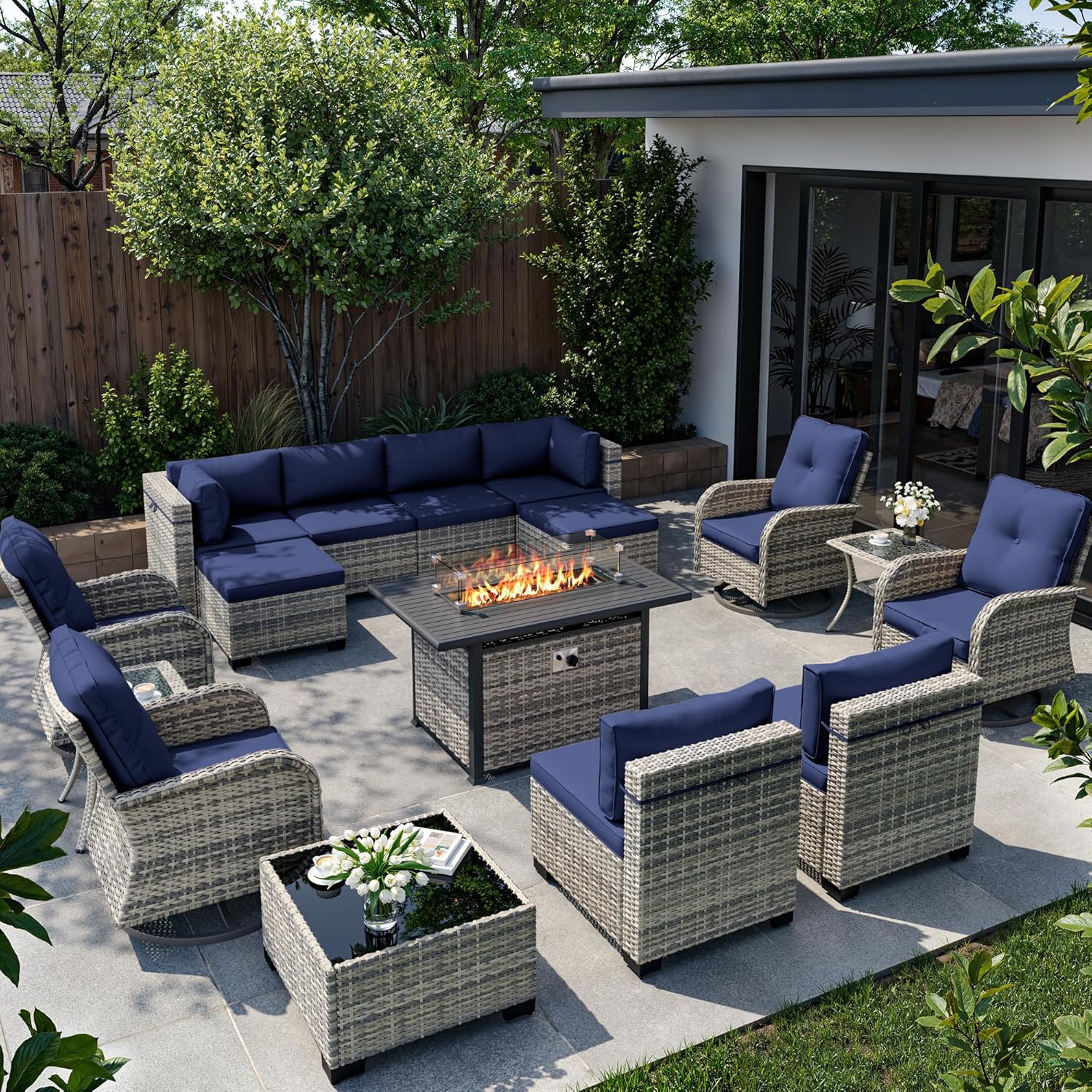 7-Piece Outdoor Patio Furniture Set, PE Wicker Rattan Sectional Sofa Conversation Set with Tempered Glass Table & Thick Cushions - All-Weather Garden, Backyard Furniture, Light Blue