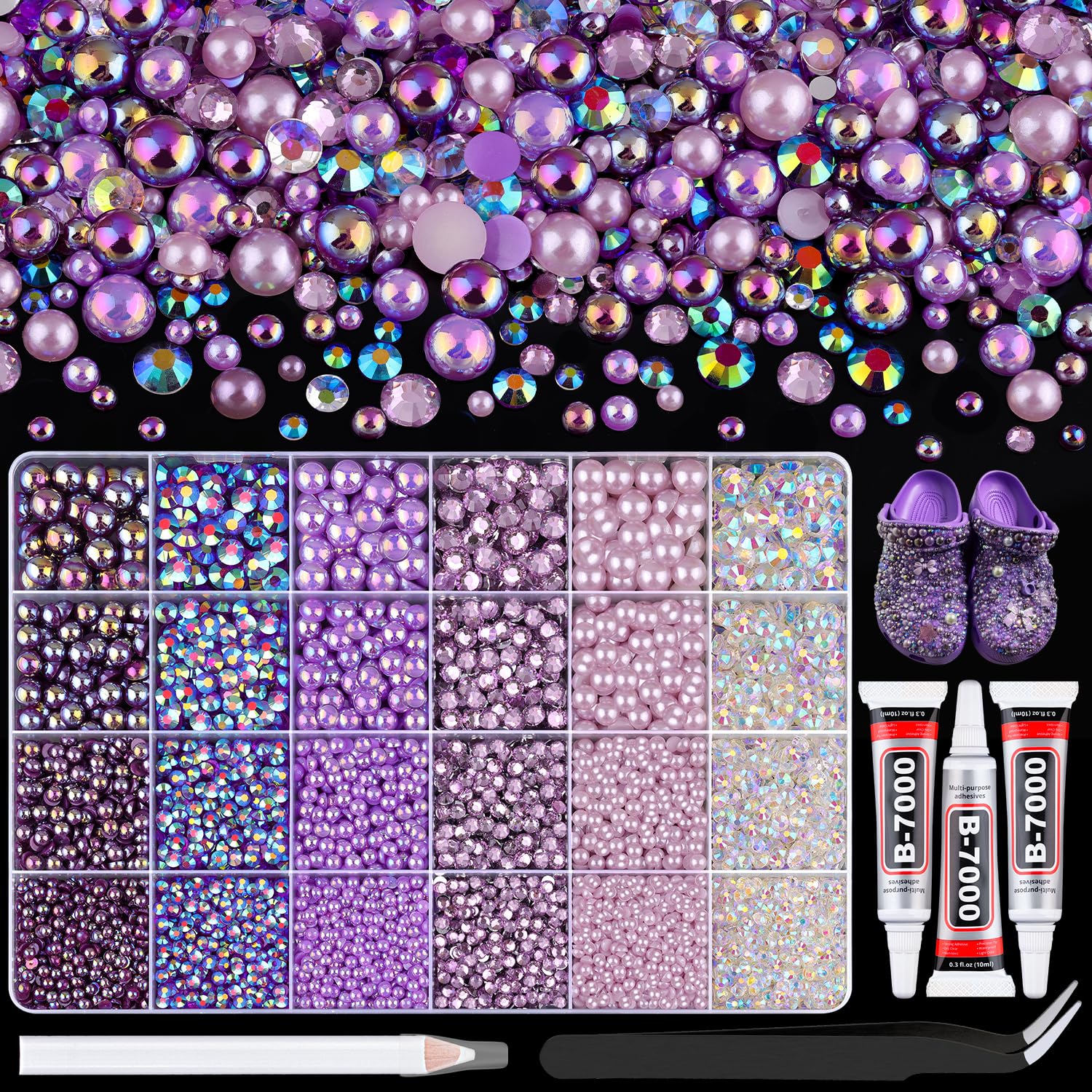 14000Pcs Flatback Pearls and Rhinestones for Crafting, Purple Series Mixed Size 3-8mm Resin Rhinestones and Half Pearls for Bedazzling, Nail Art and