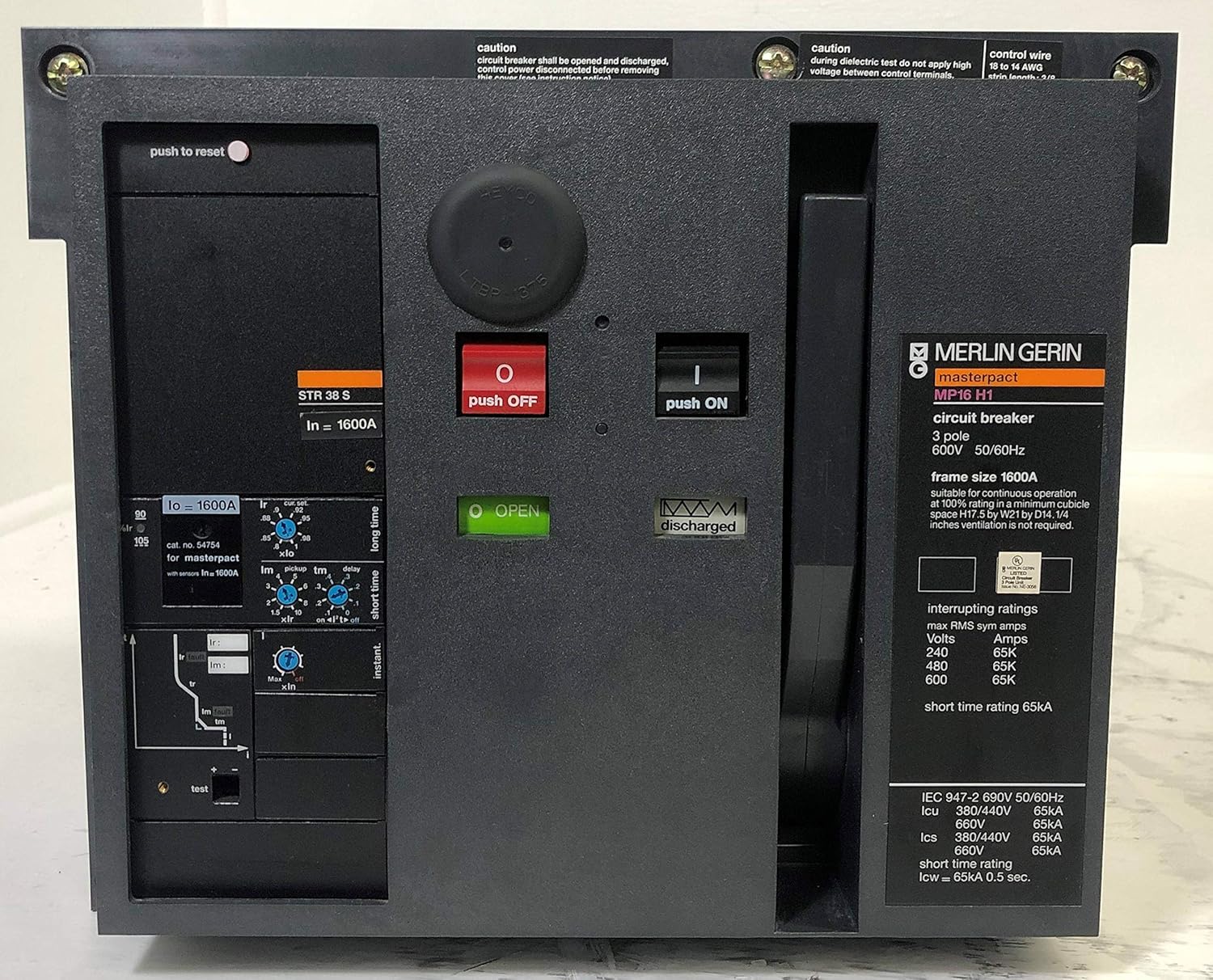 Front panel of the MP16H1 circuit breaker with push buttons and trip unit settings