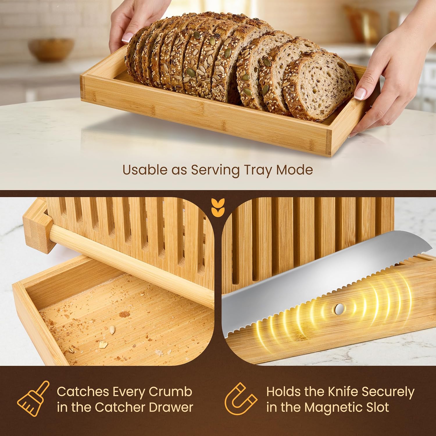 Bread Slicer Guide for Homemade Bread 2-In-1 Set: Sourdough Rounds Slicer, Sandwich Sealer | Bread Loaf Slicing, Adjustable Bamboo Bread Cutter With Knife & Magnetic slot