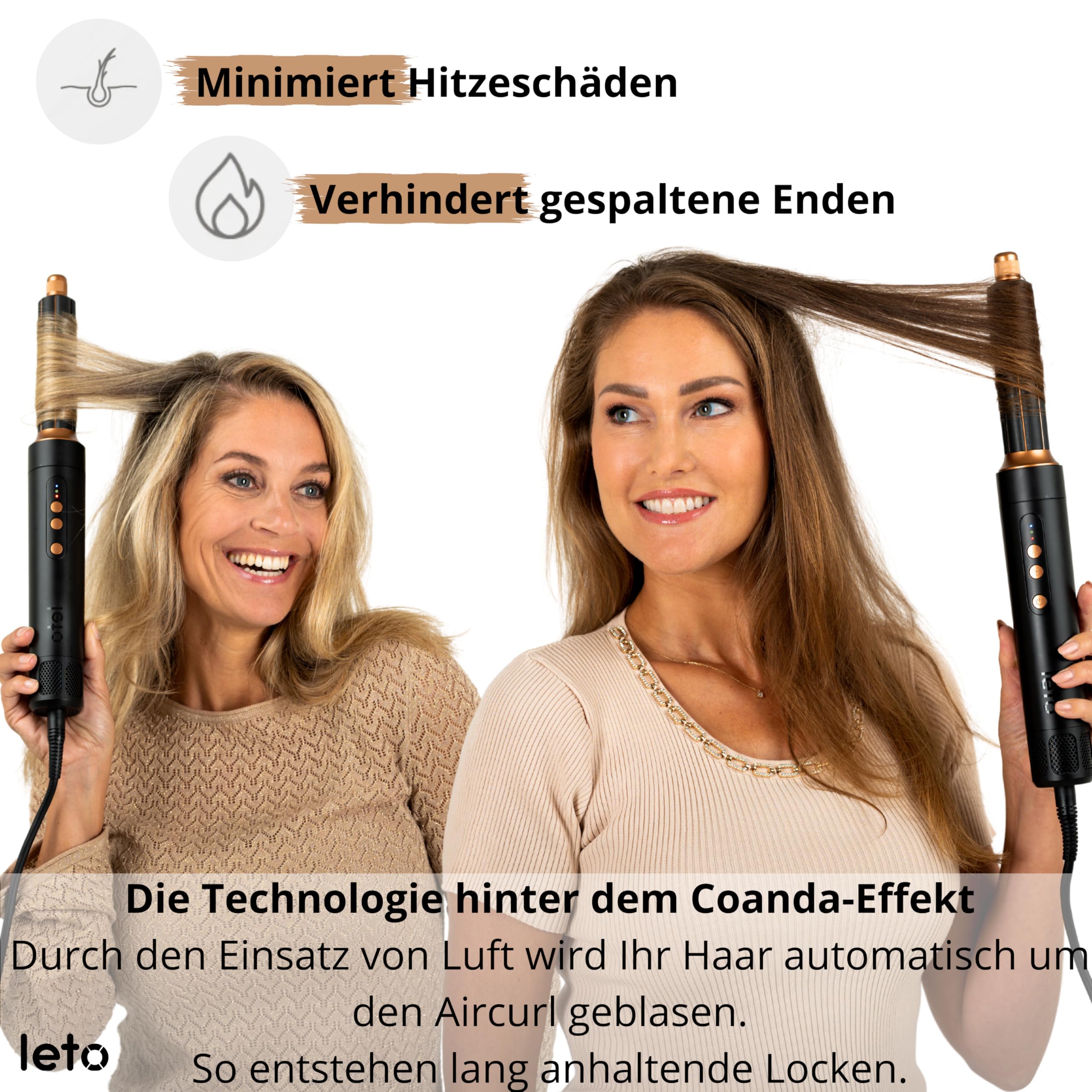 Leto 7-in-1 Warmluftbürste & Föhn – Rundbürste, Lockenaufsätze, Waver, Glättaufsatz, Diffusor, Konzentrator, Coanda, Ionen, 1400W BLDC