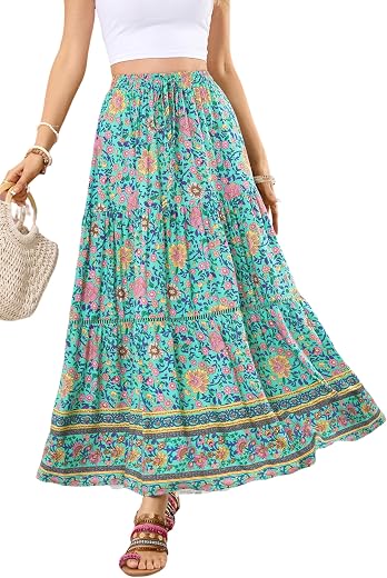 R.Vivimos Womens Summer Cotton Vintage Floral Print Boho Casual Ruffled Flowy Maxi Skirt
