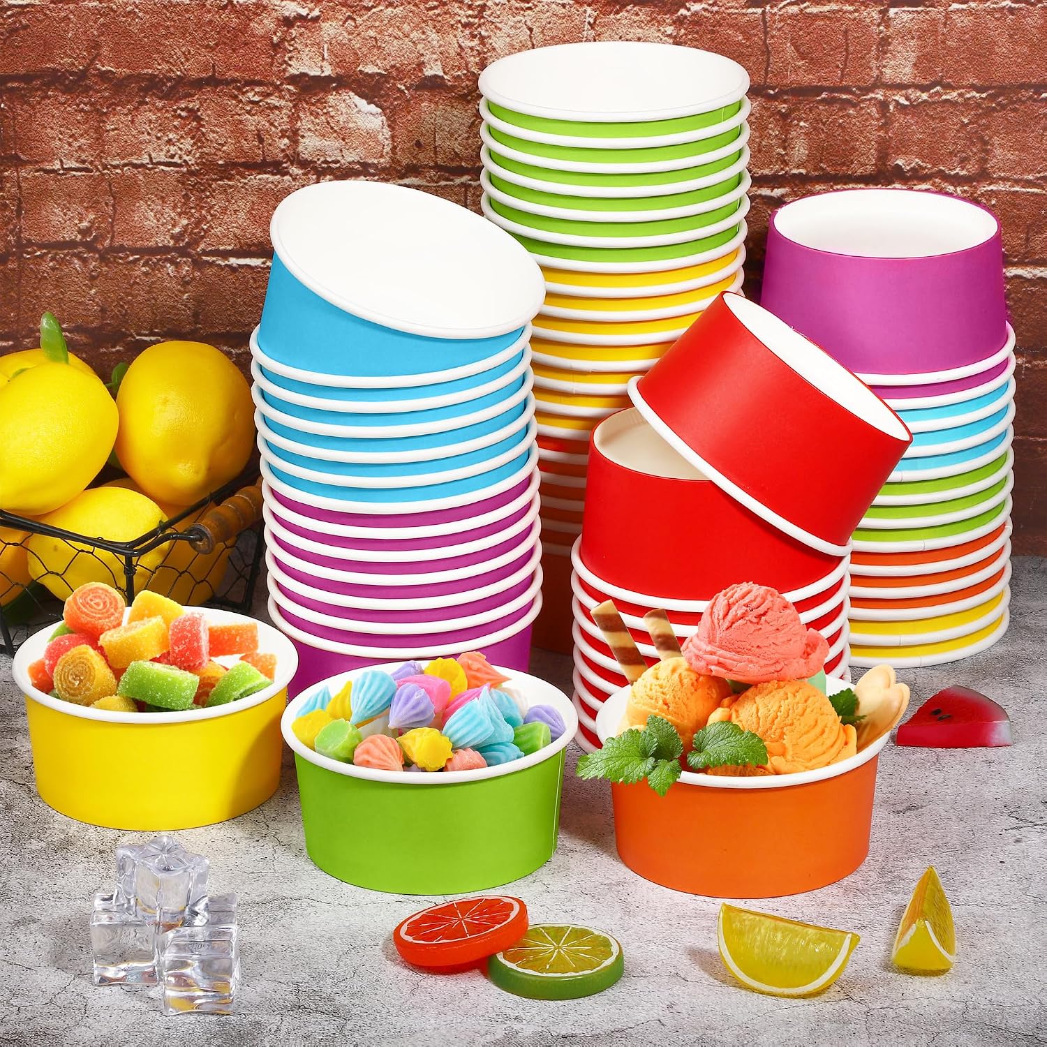 Aodaer 60 Pack 12 oz Disposable Paper Ice Cream Cups Colored Paper Ice Cream Bowls Snack Bowl Dessert Bowls for Hot or Cold Food Party Supplies Treat Cups Serving Sundae, Frozen Yogurt, Soup