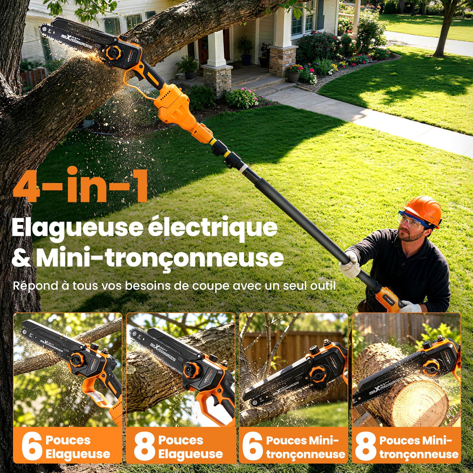 maXpeedingrods 4-en-1 Mini Tronçonneuse & Elagueuse sur Perche 8 & 6 Pouces