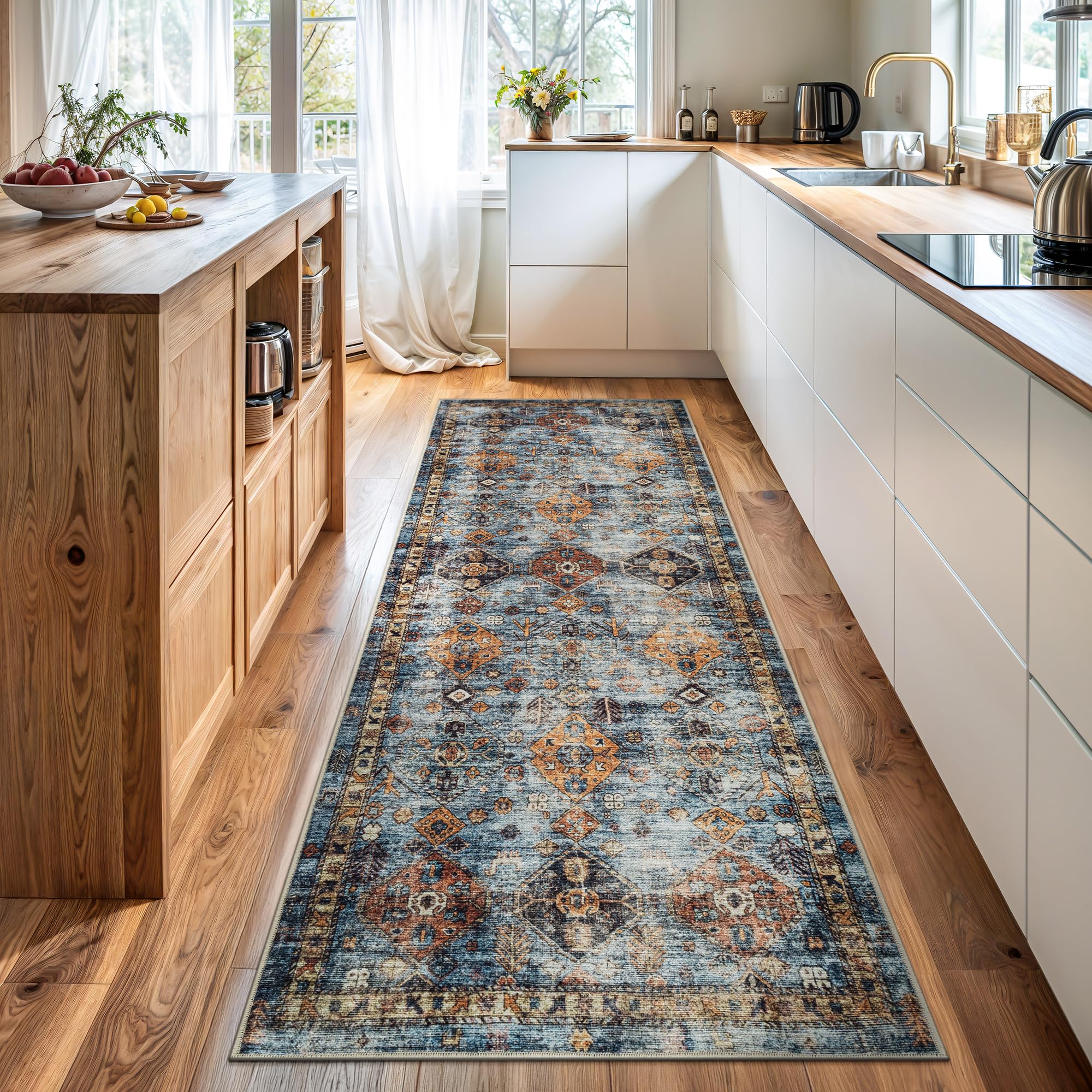 Bloom Rugs Washable Non-Slip 10 ft Runner - Blue/Orange Traditional Bordered Runner for Entryway, Hallway, Bathroom, and Kitchen - Exact Size: 2.5' x