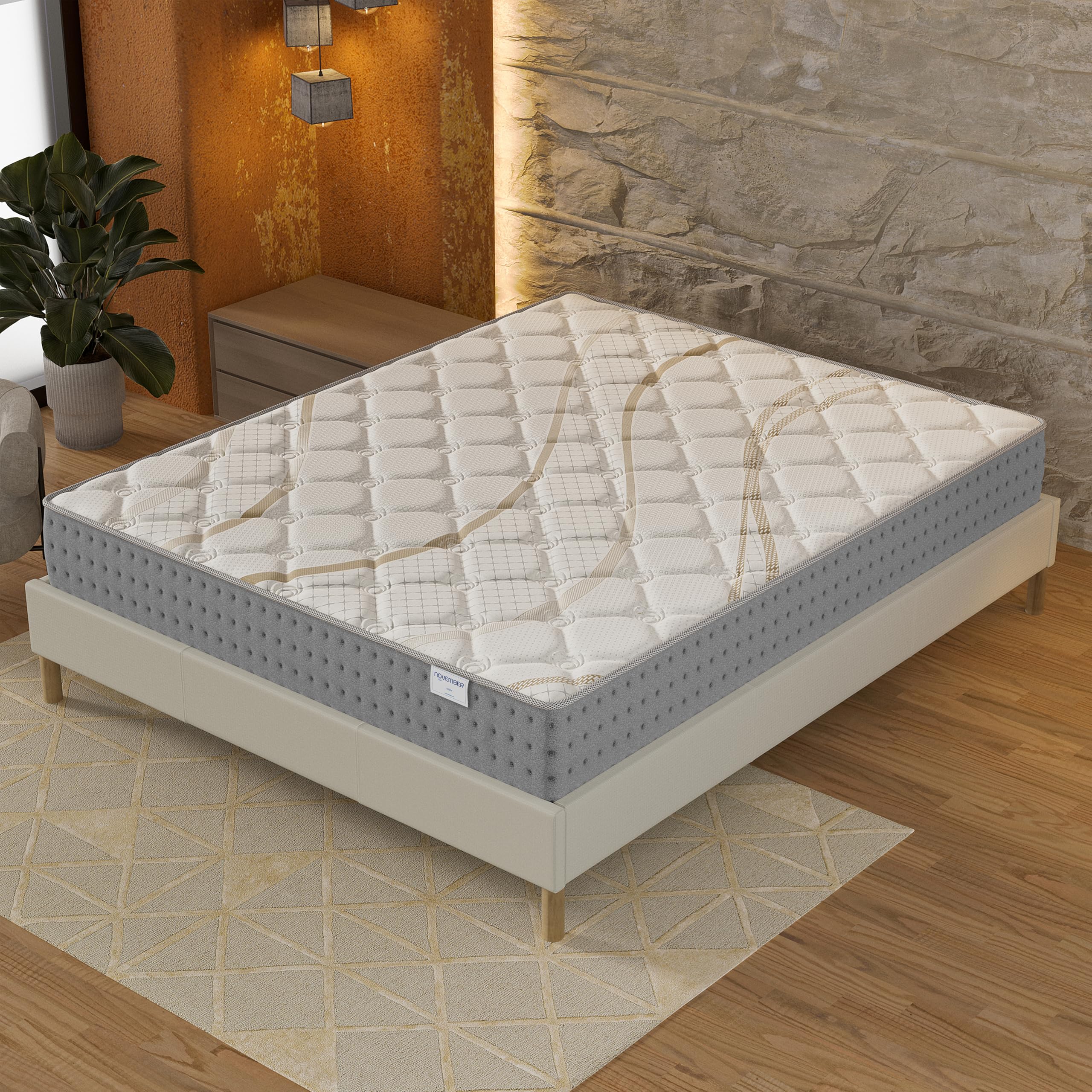 NOVEMBER- Ensemble Matelas + sommier (120 x 190cm)- Matelas Essem Ressorts ensachés & Mousse Haute Densité d’épaisseur 25cm + Sommier Bois Stable & Robuste revêtement Tissu Blanc