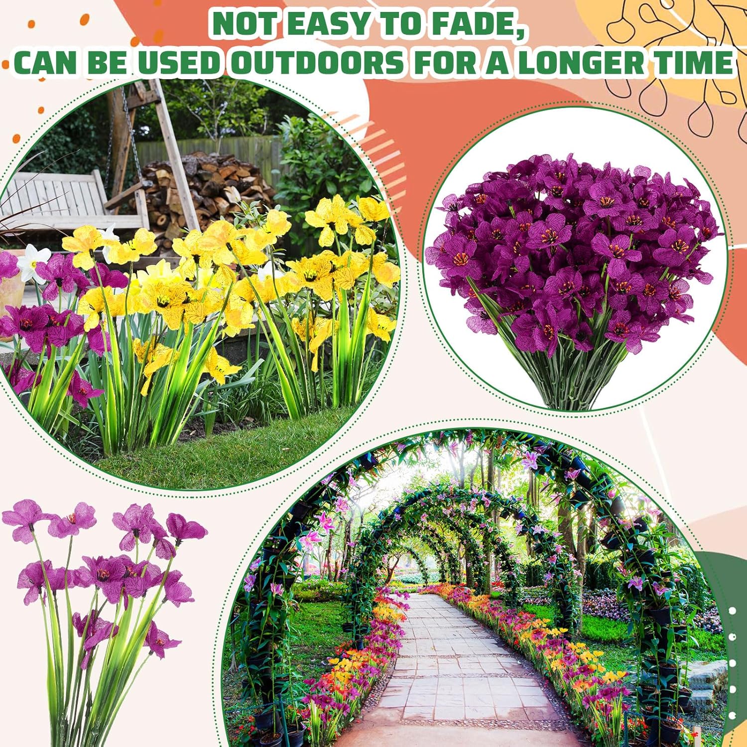 Jexine 50 Bundles Artificial Flower for Outdoors Decoration Fake Violet Silk Flower UV Resistant Fake No Fade Realistic Faux Plant for Spring Summer Garden Courtyard Home Porch Decor(Yellow, Purple)