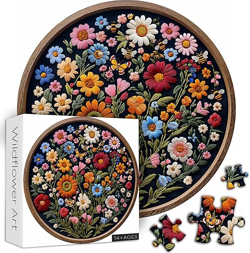 Miniatura 2 de Rompecabezas vintage de flores silvestres para adultos, 1000 piezas, rompecabezas redondo de plantas de abeja y mariposa, arte natural, rompecabezas
