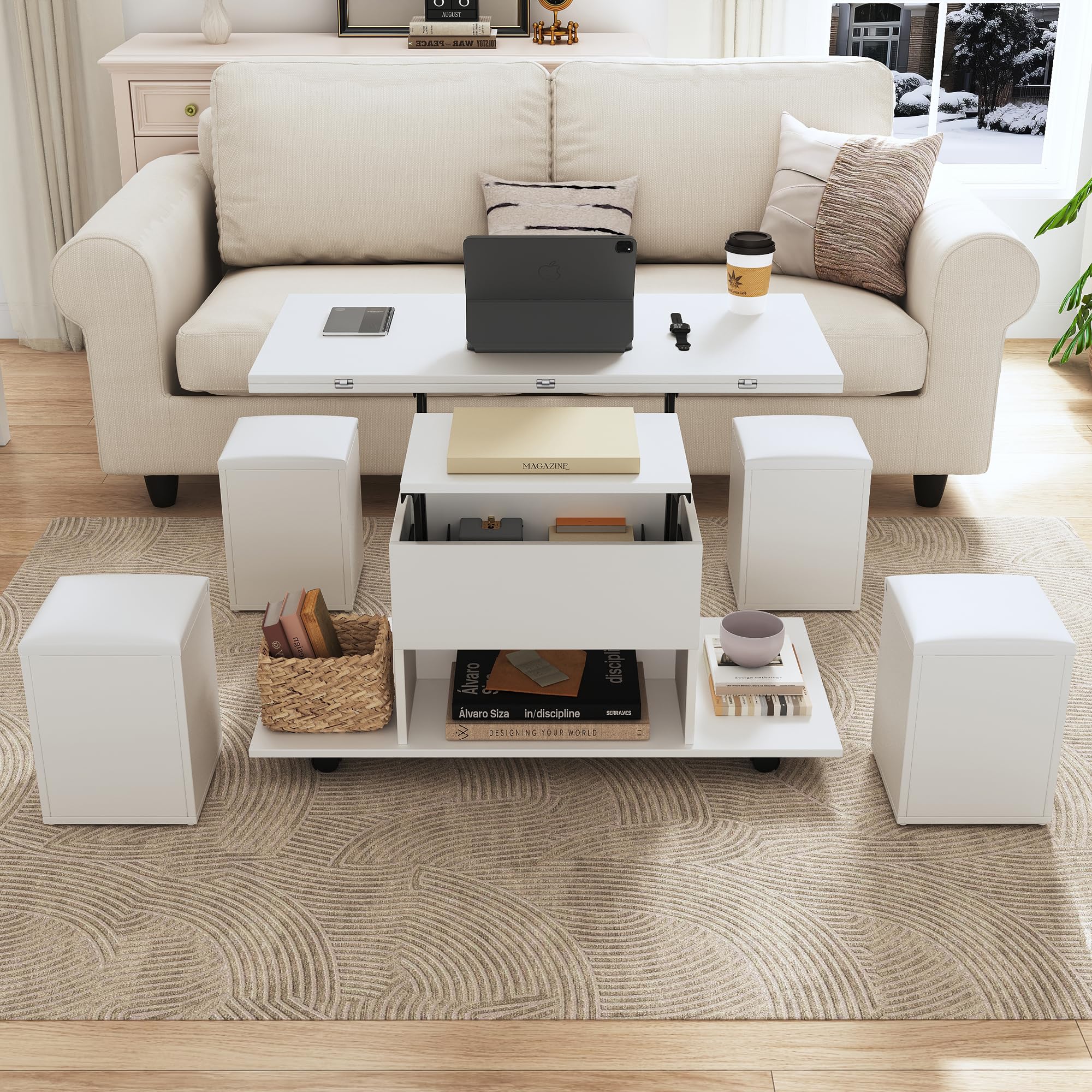 BTM Lift Up Coffee Table, Coffee Table With Storage, Lift-Top Sofa End Tea Tables for Living Room, 50x100x48cm, White — image 1