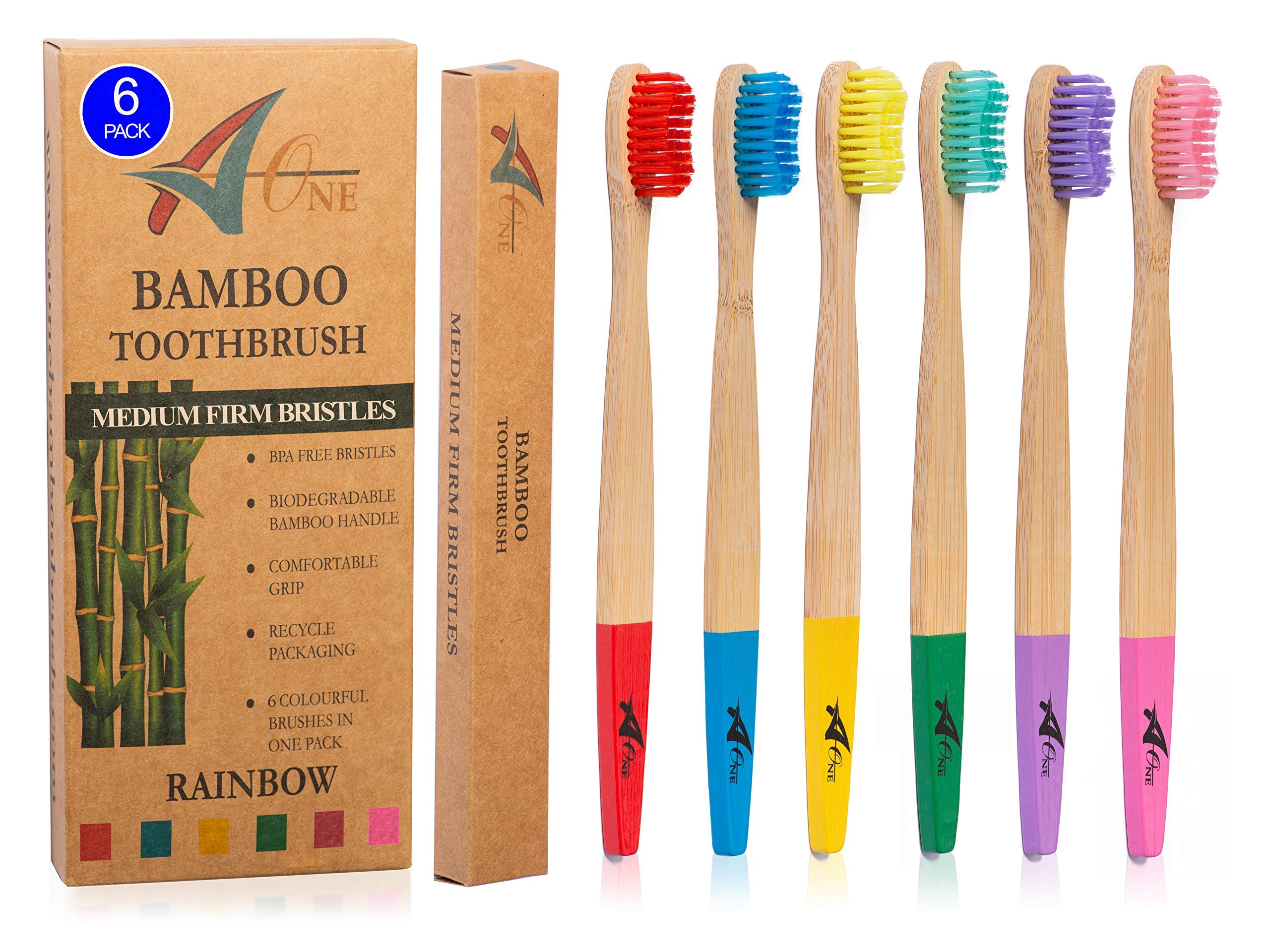 Bamboo Toothbrushes | Organic & Eco-Friendly | 6 Pack in Rainbow Colours | BPA-Free Medium Bristles | Natural Wooden Toothbrush for Adults & Kids | Biodegradable | 100% Plastic-Free Packaging