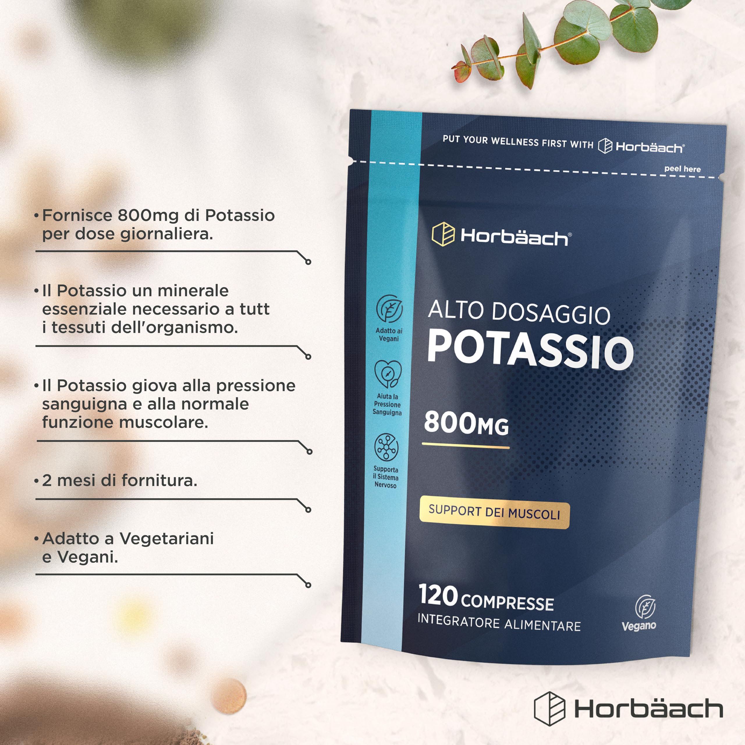 Potassio Integratore 800mg | 120 Compresse Vegane | ad Alto Dosaggio | Potassium | Horbaach