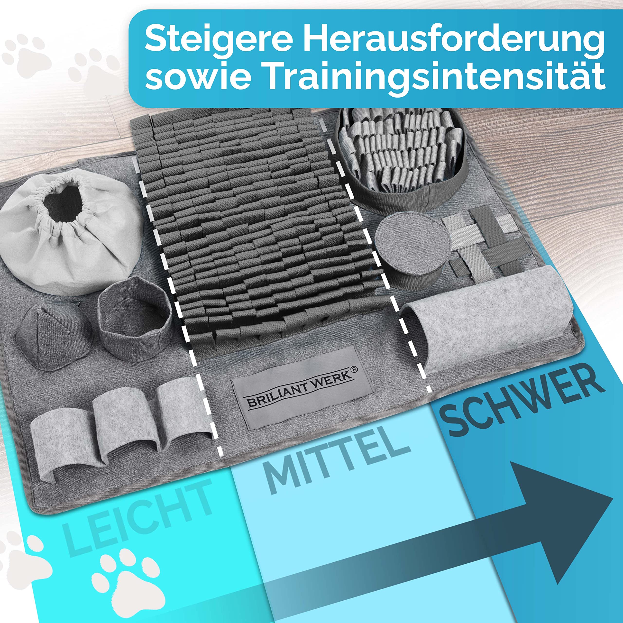 Briliantwerk®️ Schnüffelteppich Hund – Extrem widerstandsfähiges Material - 10 Trainingselemente und 3 Schwierigkeitsstufen – Das Intelligenzspielzeug für Hunde jeder Größe (Grau)