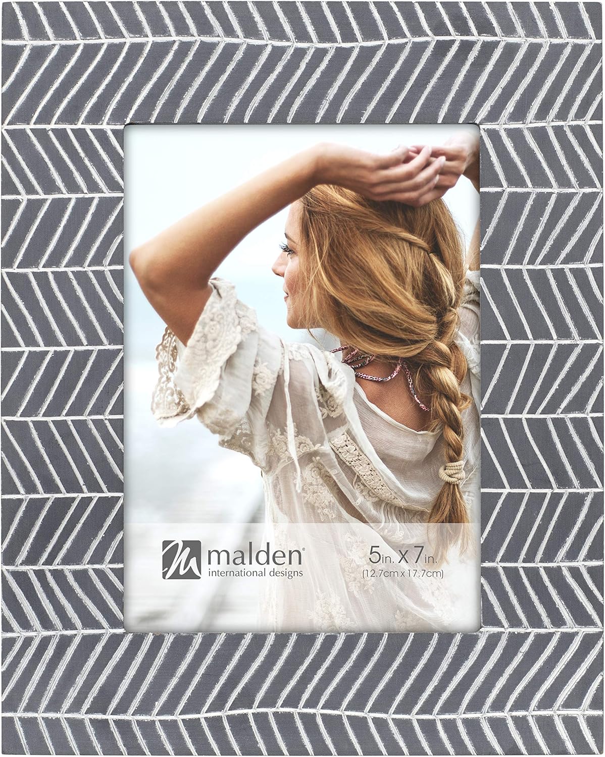 Malden International Designs 5x7 Patterned Picture Frame Quality Textured Pattern MDF Wood Dark Gray and White