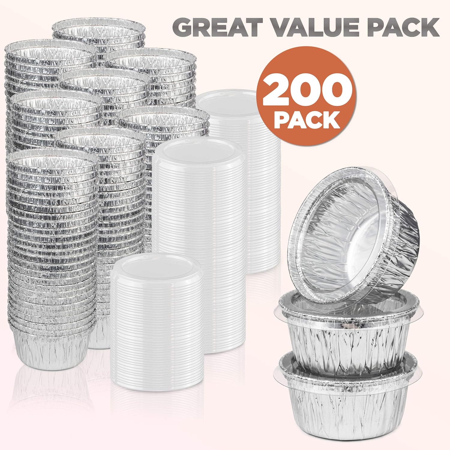 [200 Pack] Disposable Foil Ramekins with Lids - 4 oz Aluminum Custard Cups with Lids - Disposable Foil Baking Cups for Creme Brulee or Cupcake