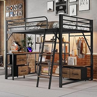 Queen Size Loft Bed with Desk and LED Light, Heavy-Duty Metal Loft Beds,...