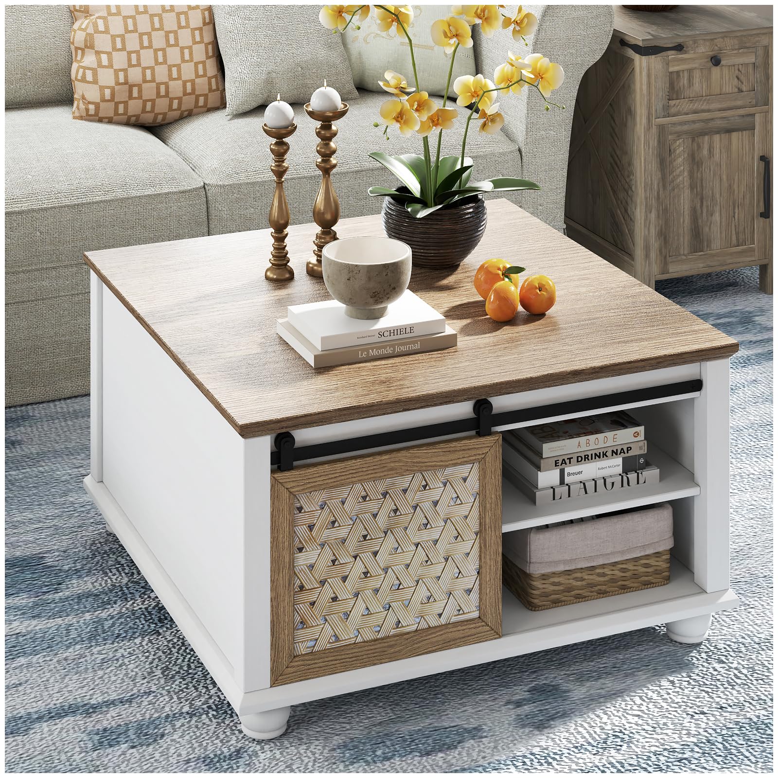Farmhouse Coffee Table with Storage, Mid Century Modern Wooden Square Coffee Table, Center Coffee Table with Adjustable Shelf for Living Room, Flawless White.