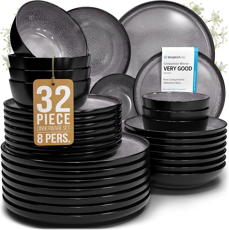 32 Piece Stoneware Dinnerware Set for 8, Handmade Plates and Bowls Set | Reactive Glaze Coating, Dishwasher & Microwave Safe Dish Set, Chip & Scratch Resistant Dishware Set, Ibiza Dark Gray