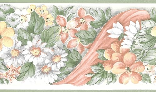 Dundee Deco BD6205 - Borde de papel tapiz prepegado, color verde floral, blanco, rosa, borde de pared de flores de prado, diseño retro, 15 pies x