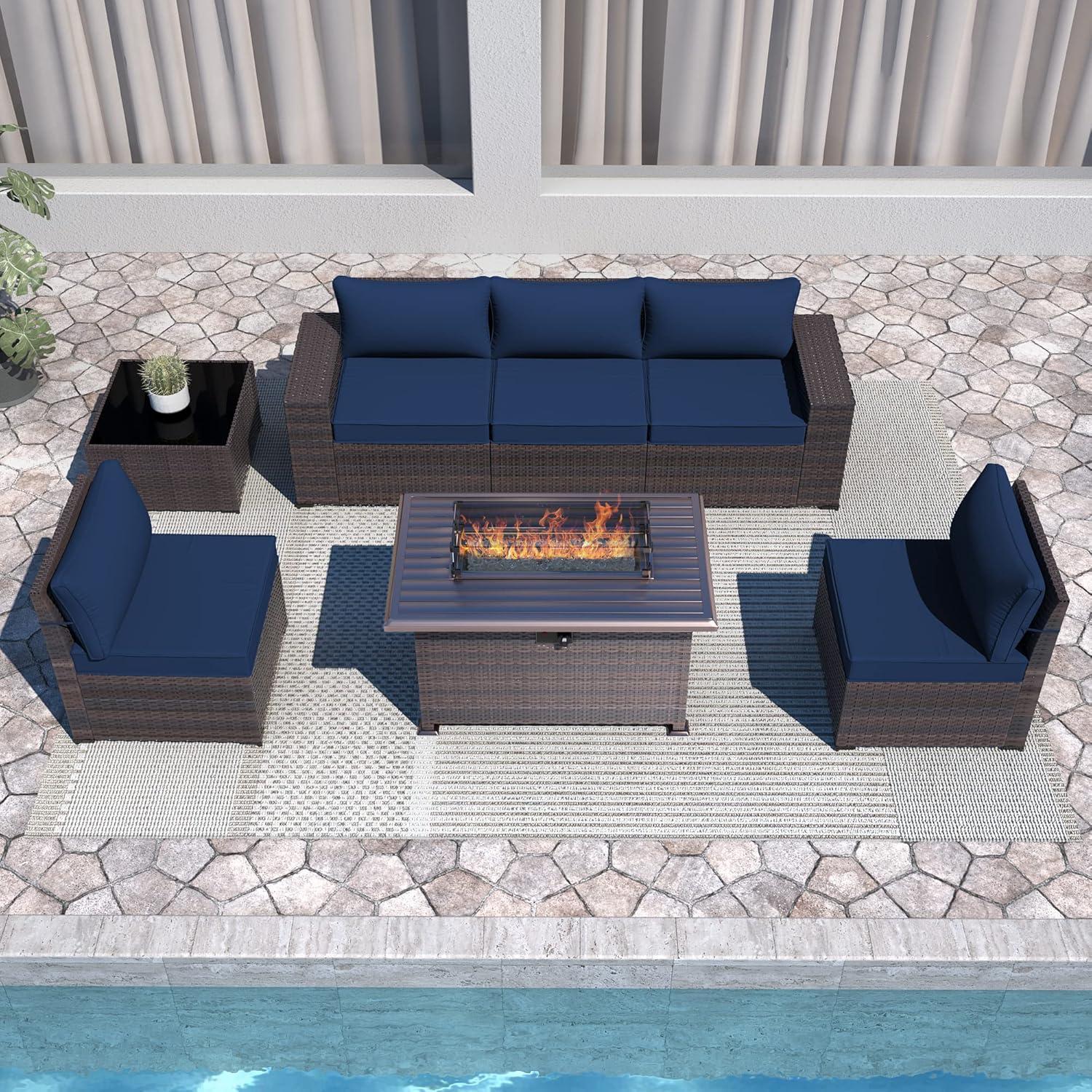 Halmuz 7 Piece Patio Furniture Sofa Sets with Propane Fire Pit Table, High Back PE Wicker Outdoor Sofa Conversation Set (Navy Blue) : Patio, Lawn & Garden