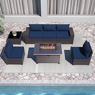 Sponsored Ad - Halmuz 7 Piece Patio Furniture Sofa Sets with Propane Fire Pit Table, High Back PE Wicker Outdoor Sofa Conv...