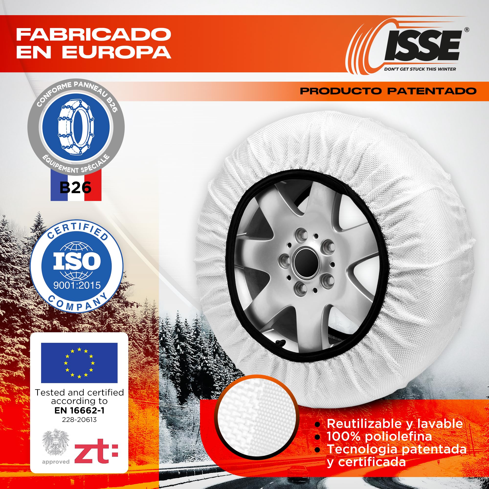 ISSE Super T-74 | Cadenas Coche Nieve Textil Homologadas - Cadenas para Autos de Uso Diario en Nieve y Hielo - Kit de 2 Cadenas Coche Nieve Universales + Guantes