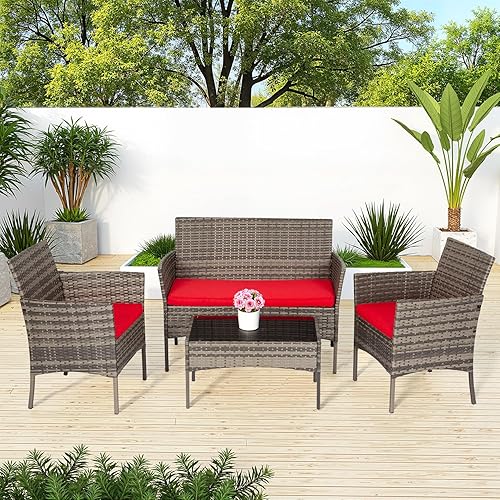 Miniatura 97 de FDW Juego de 3 sillas de mimbre marrón para patio, muebles de exterior, 2 sillas de ratán con cojines rojos y mesa de centro de cristal para porche